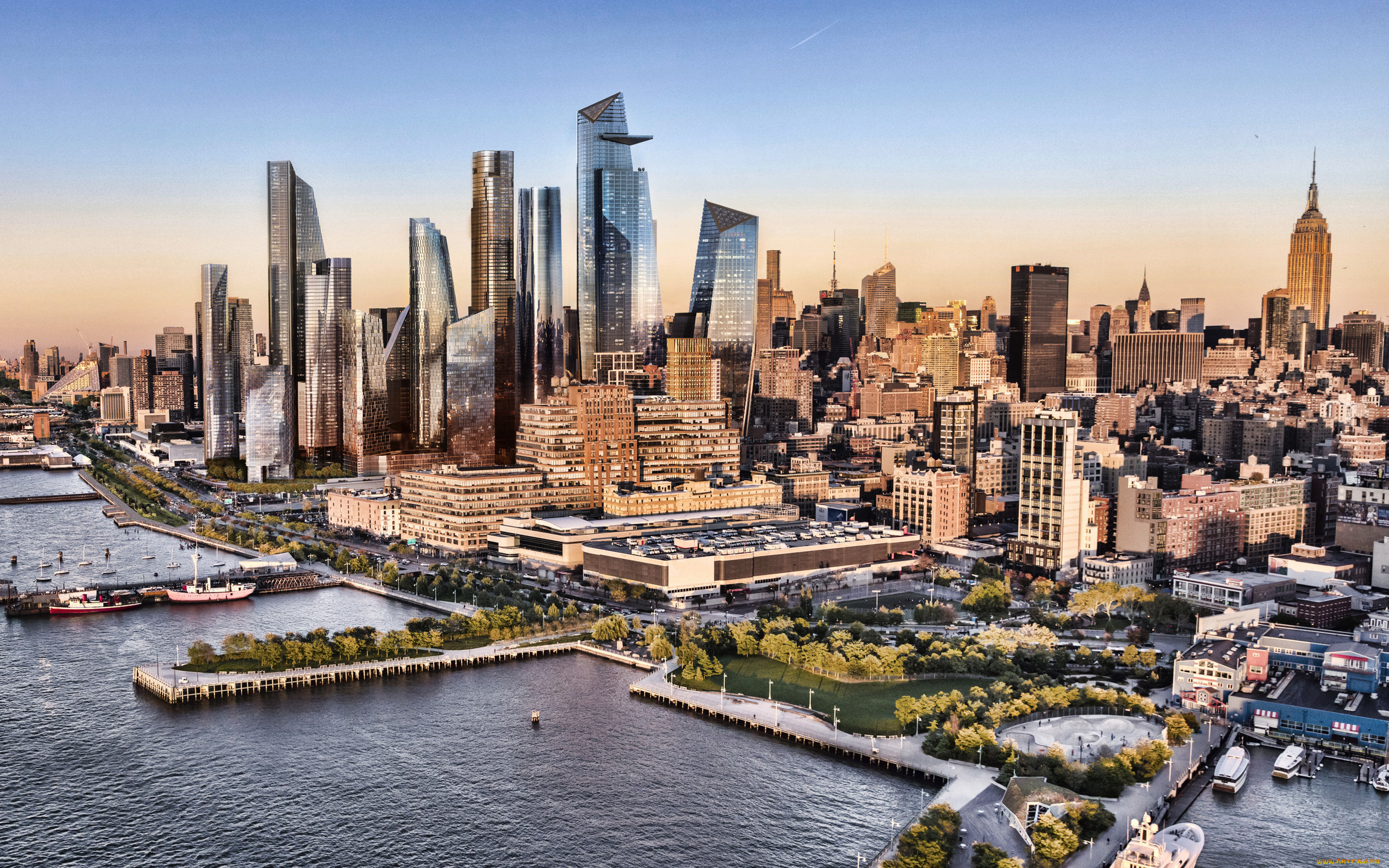 города, нью-йорк, , сша, хадсон, ярдс, манхэттен, нью, йорк, эмпайр, стейт, билдинг, вечер, закат, небоскребы, современные, здания