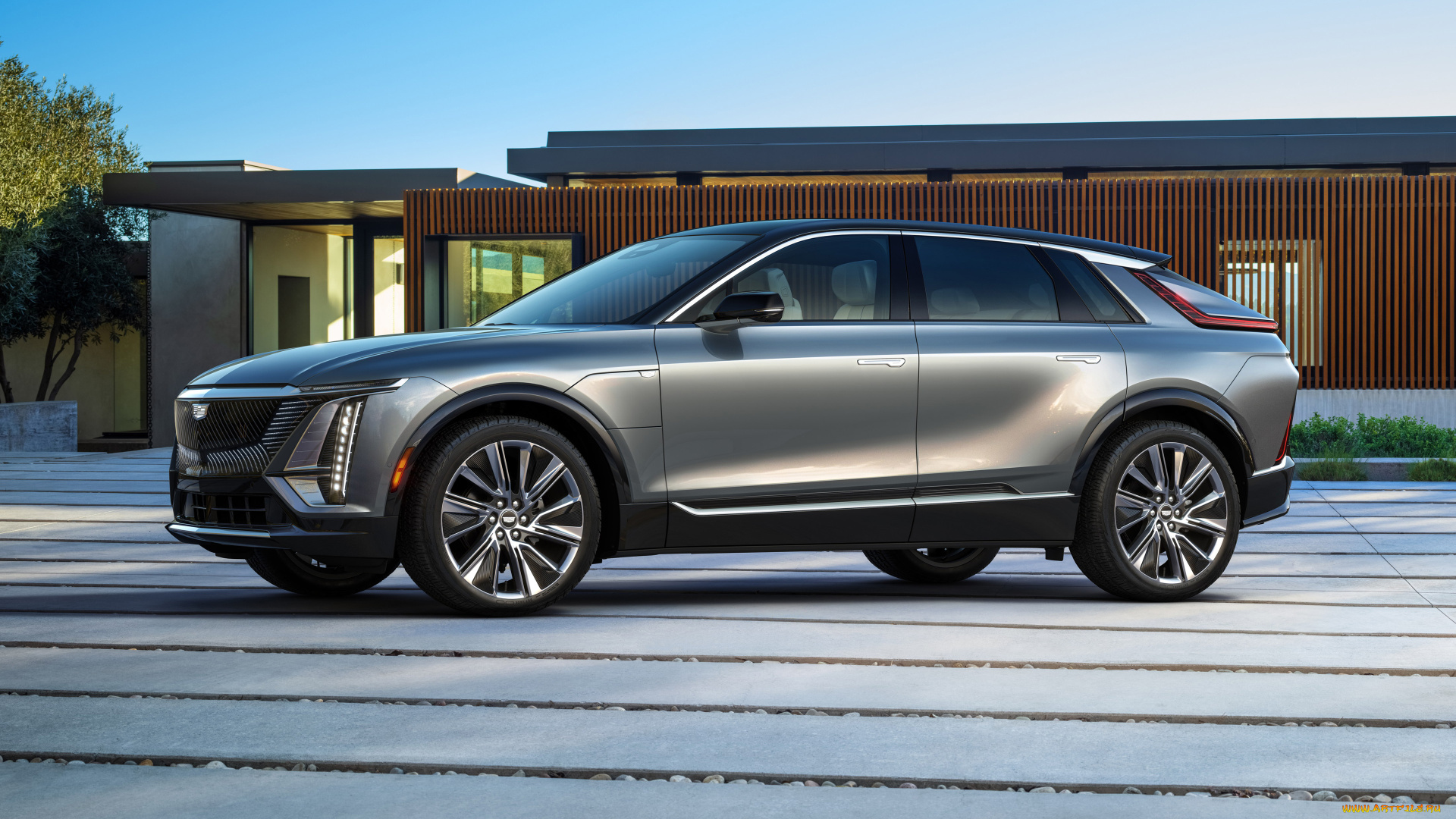 2023, cadillac, lyriq, автомобили, cadillac, 2023, lyriq, 4k, вид, спереди, экстерьер, роскошный, внедорожник, новый, серебристый, американские, кадиллак