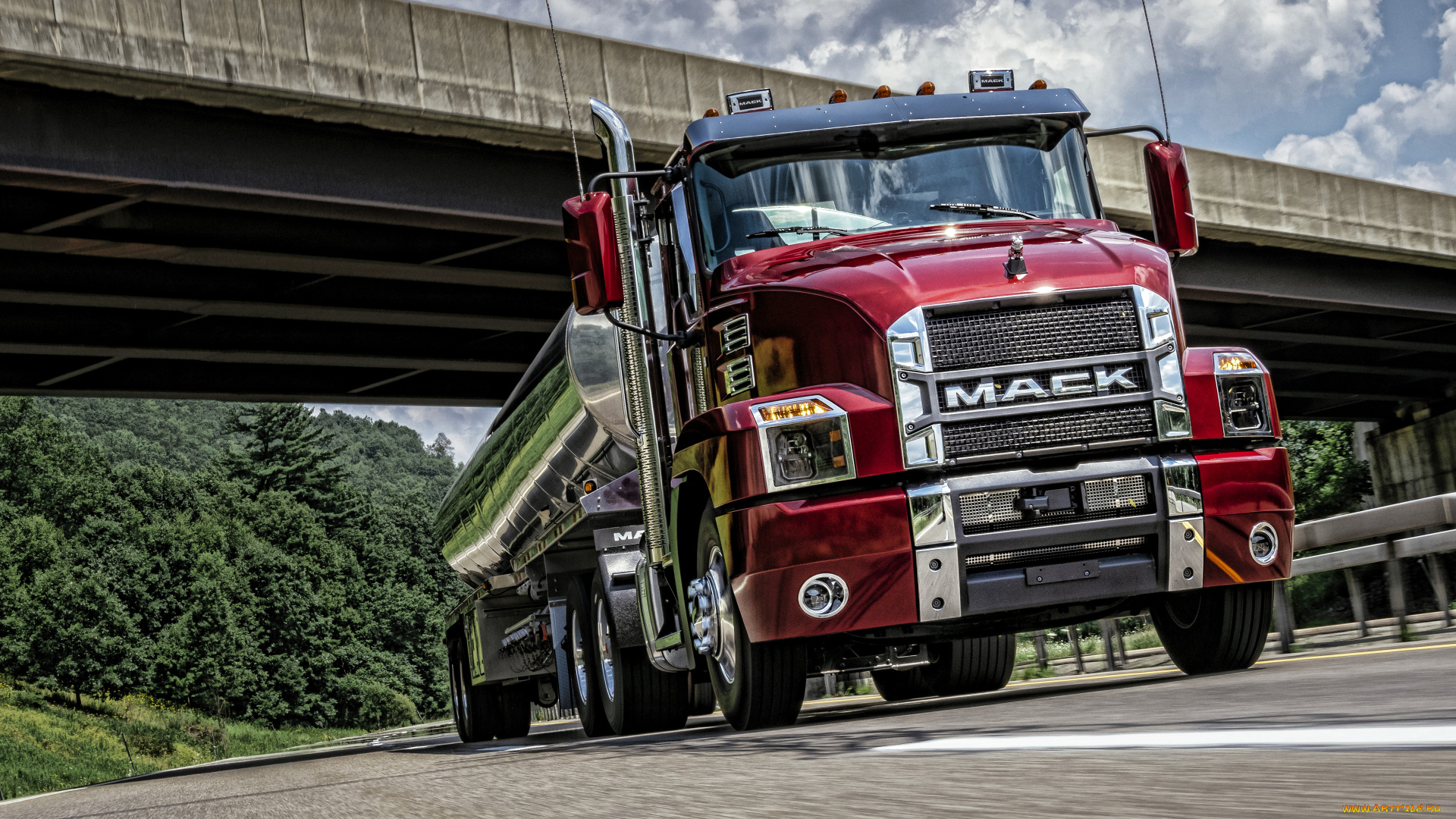 автомобили, mack, anthem, 2021, вид, спереди, экстерьер, новый, бордовый, транспортировка, топлива, американские, грузовики