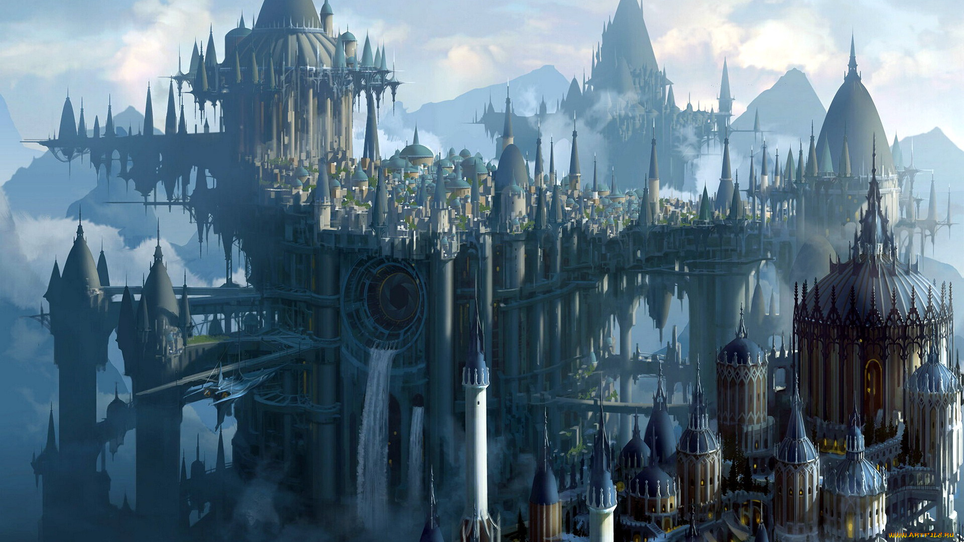 фэнтези, замки, город, башни, горы, облака
