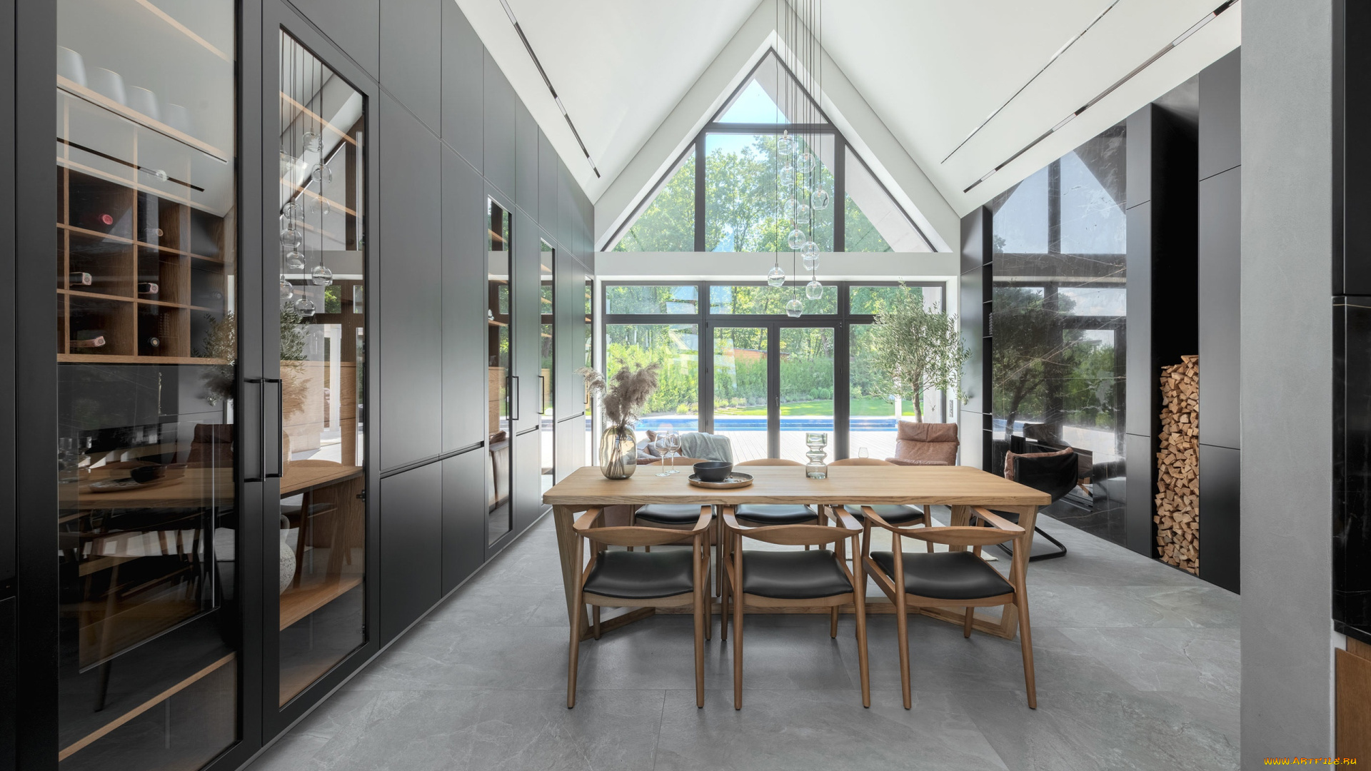 интерьер, столовая, окно, двери, стол, стулья, дрова