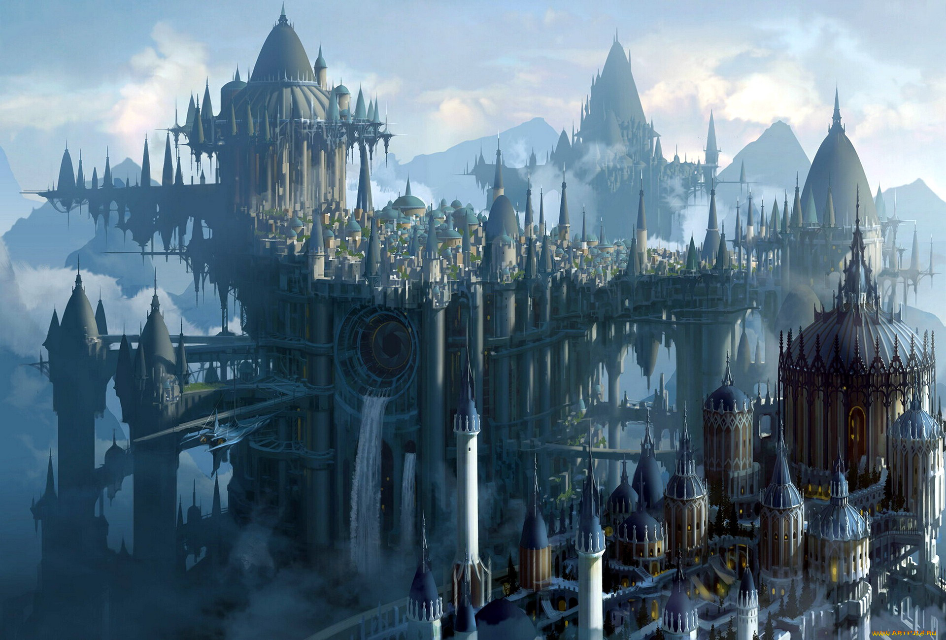 фэнтези, замки, город, башни, горы, облака