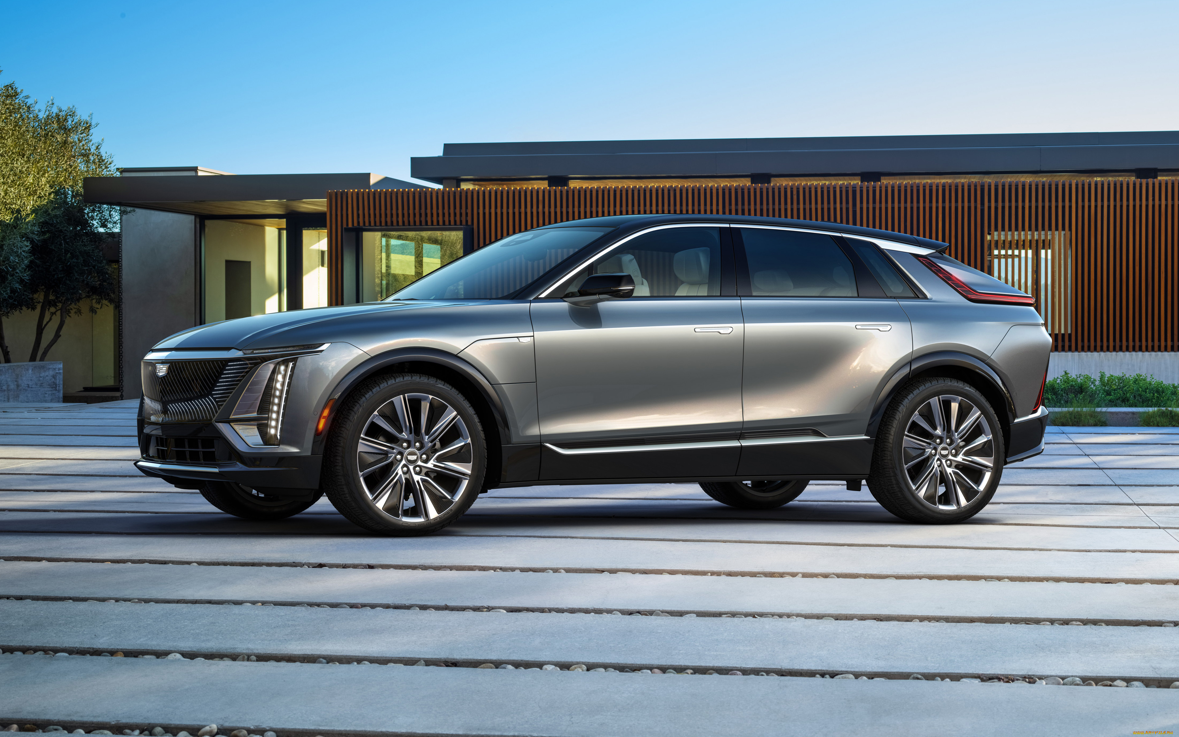 2023, cadillac, lyriq, автомобили, cadillac, 2023, lyriq, 4k, вид, спереди, экстерьер, роскошный, внедорожник, новый, серебристый, американские, кадиллак