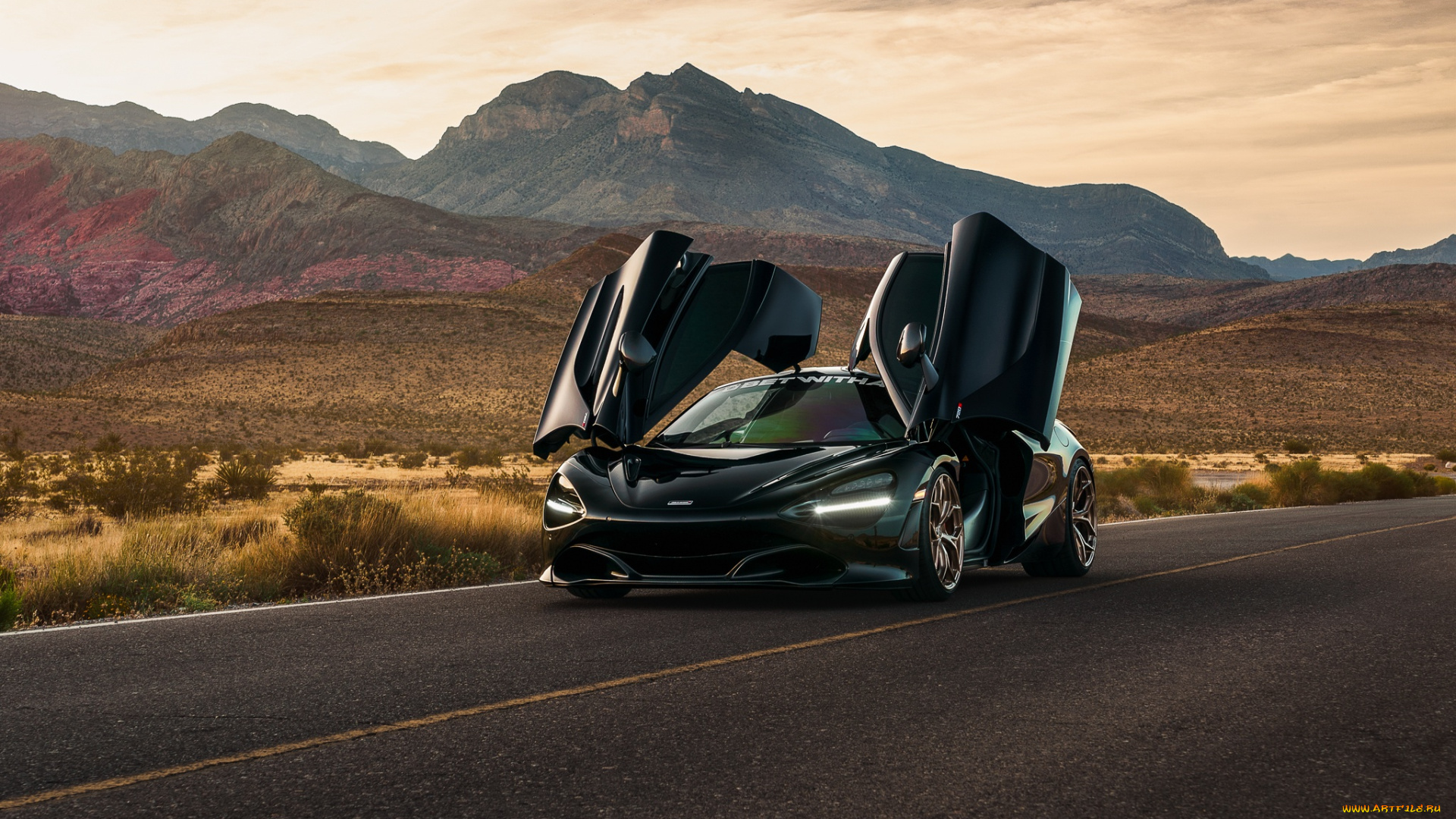 автомобили, mclaren, дорога, горы, чёрный, спорткар, вид, спереди, дверцы, 720s