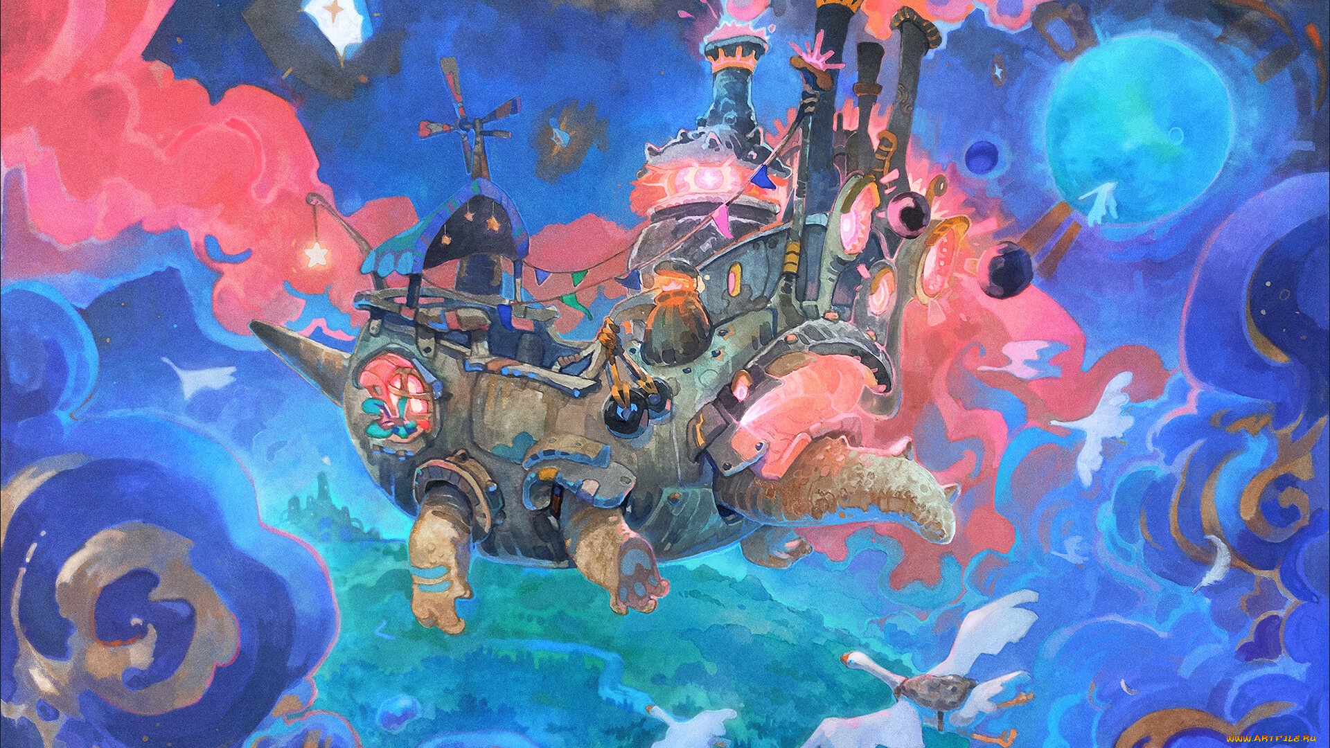 фэнтези, роботы, , киборги, , механизмы, летучий, корабль, небо, птицы