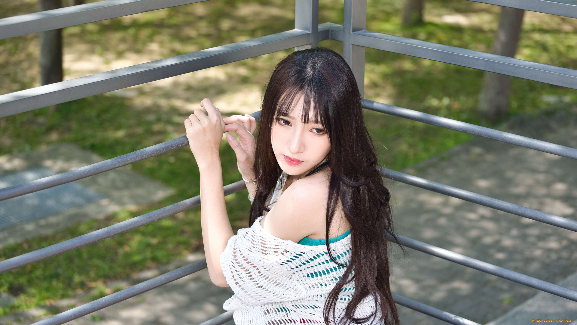 девушки, zhengmei, bibi, шатенка, топ, сетка, ограда