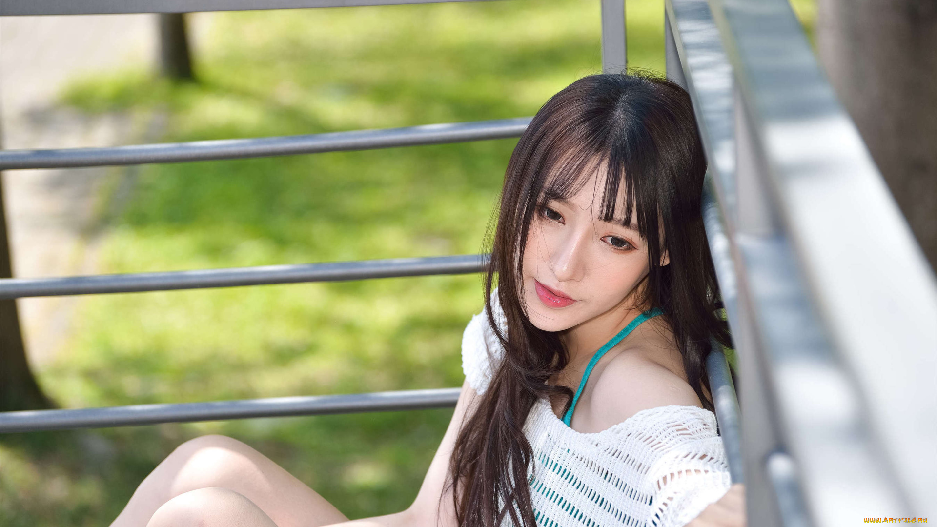 девушки, zhengmei, bibi, шатенка, топ, сетка, ограда