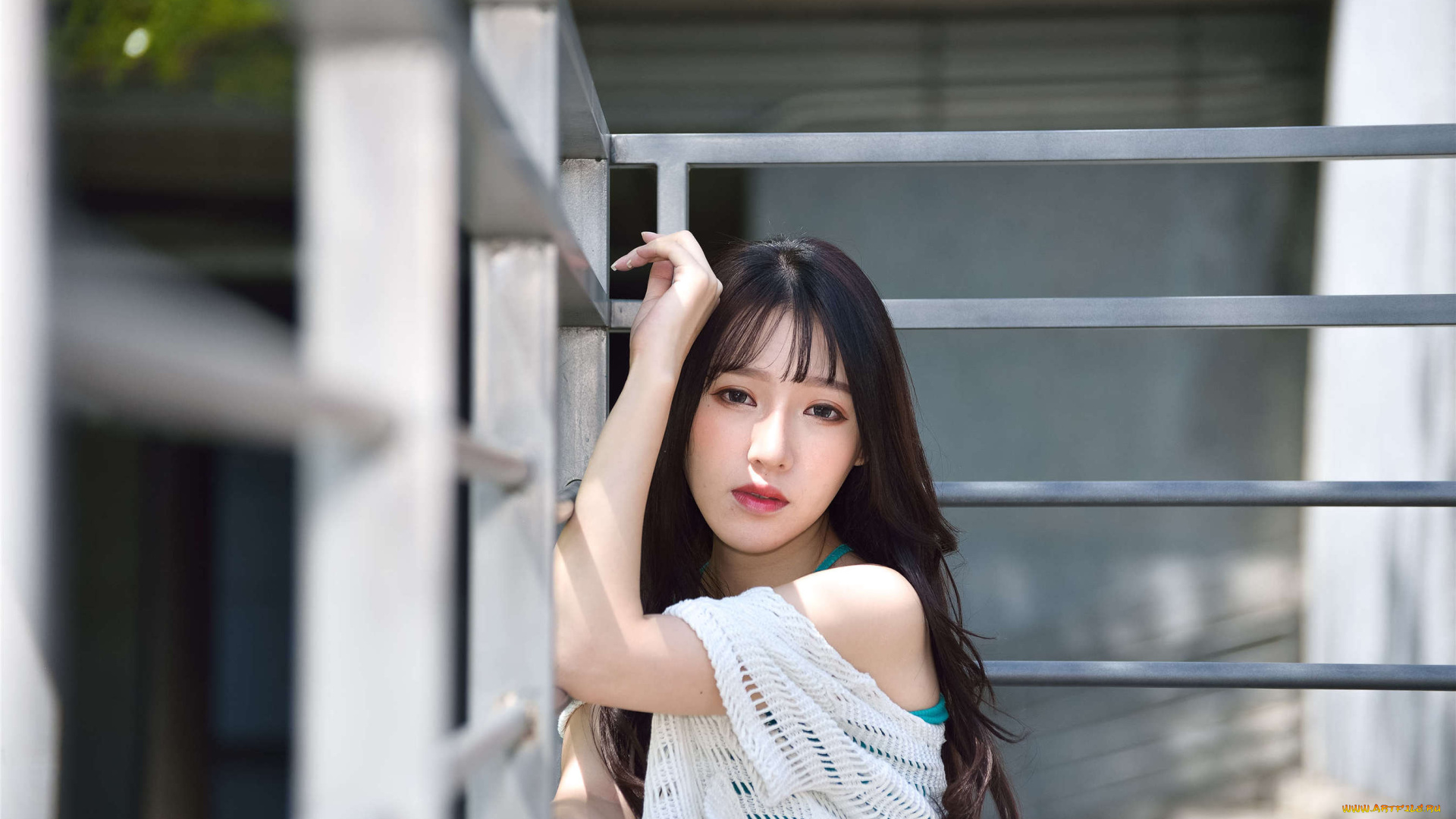 девушки, zhengmei, bibi, шатенка, топ, сетка, ограда