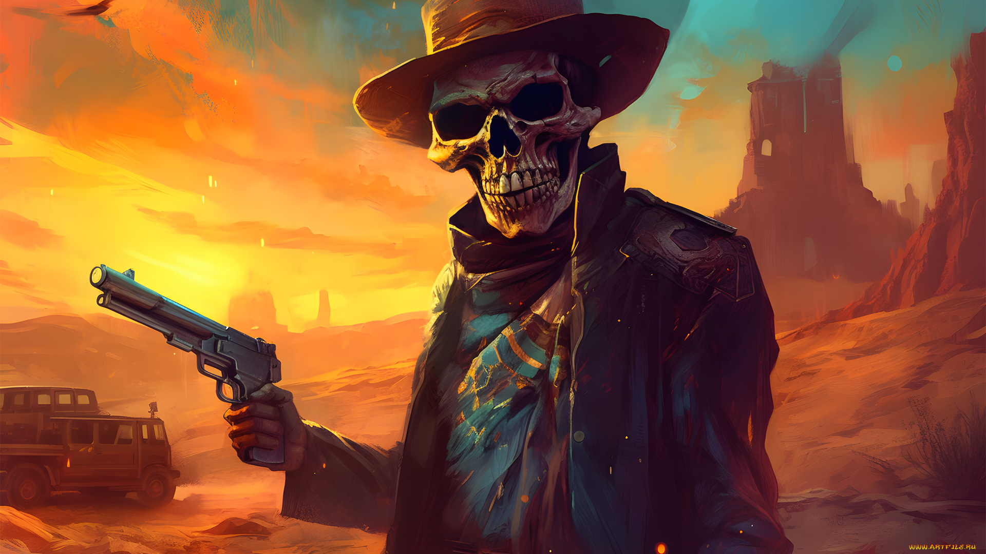 фэнтези, нежить, скелет, с, пистолетом