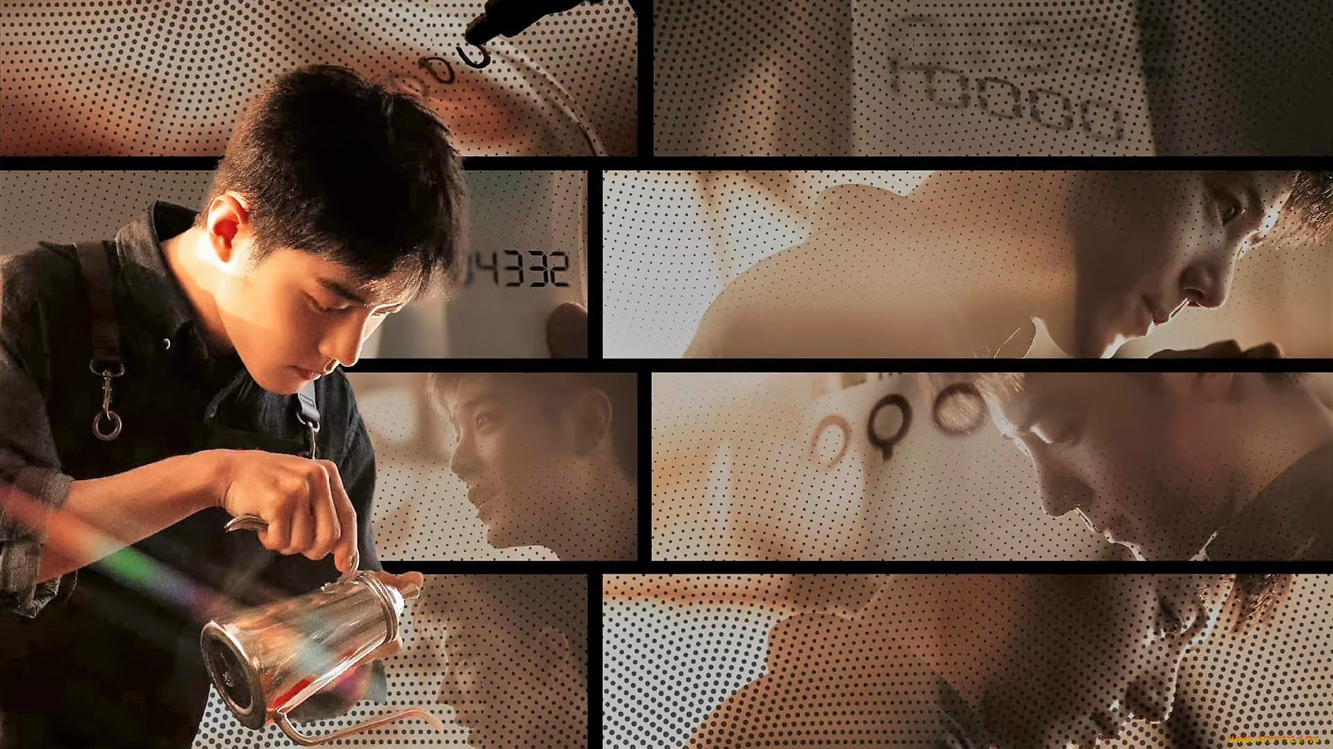 мужчины, xiao, zhan, актер, кафе, фартук, кофейник