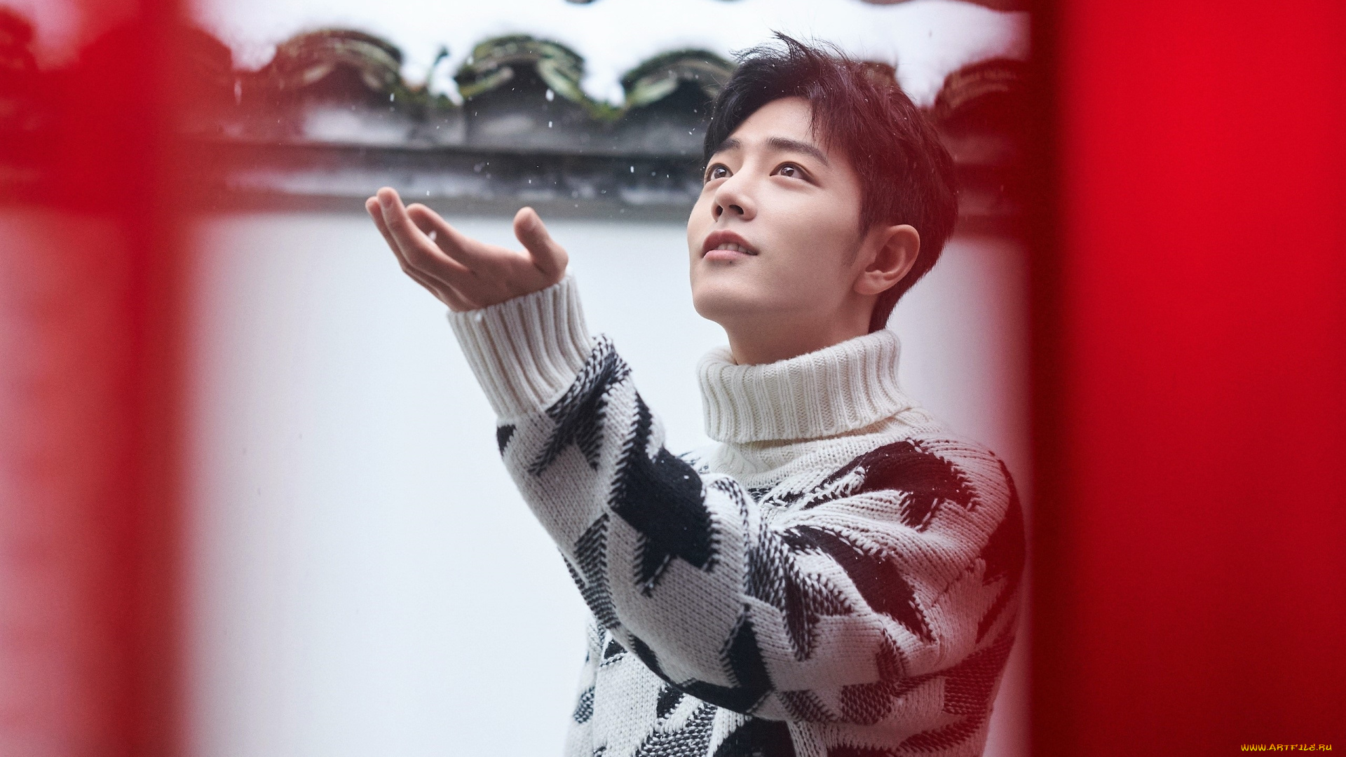 мужчины, xiao, zhan, актер, свитер, снег