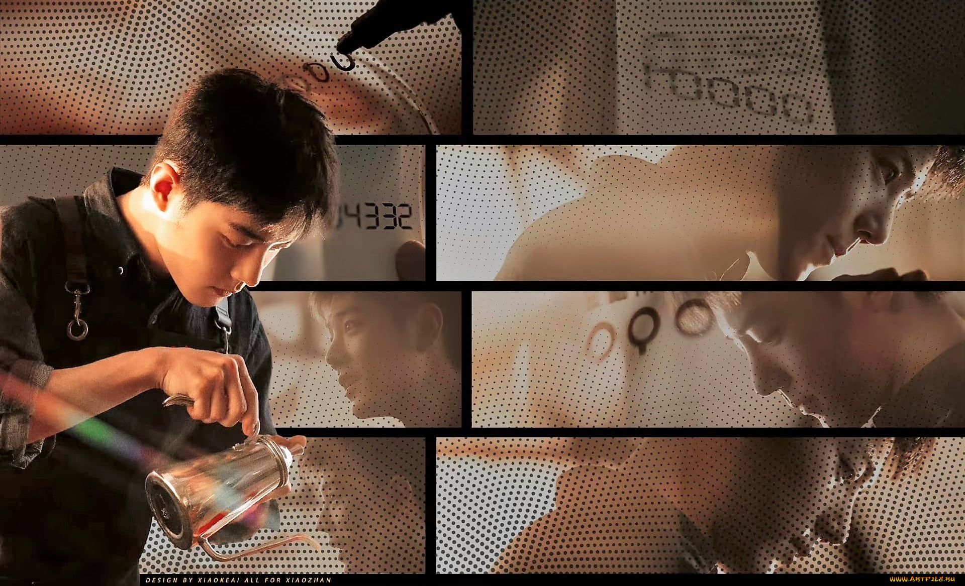 мужчины, xiao, zhan, актер, кафе, фартук, кофейник