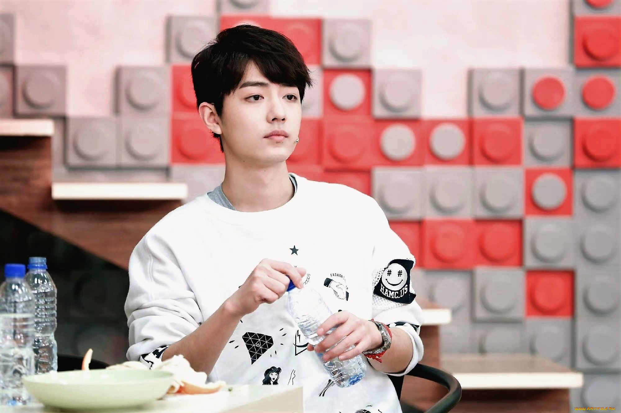 мужчины, xiao, zhan, актер, футболка, вода, бутылки