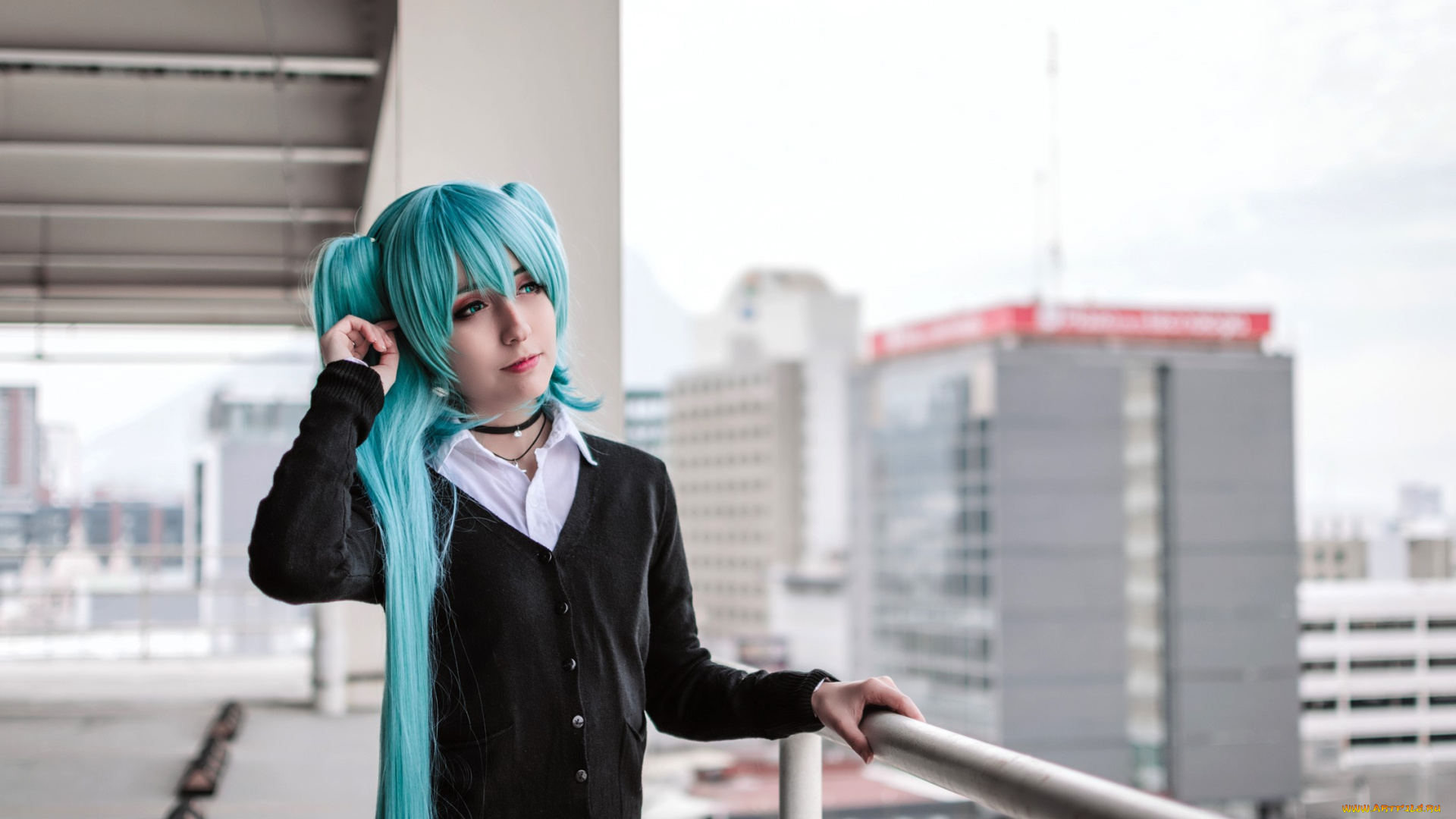 девушки, -, креатив, , косплей, голубые, волосы, образ, балкон