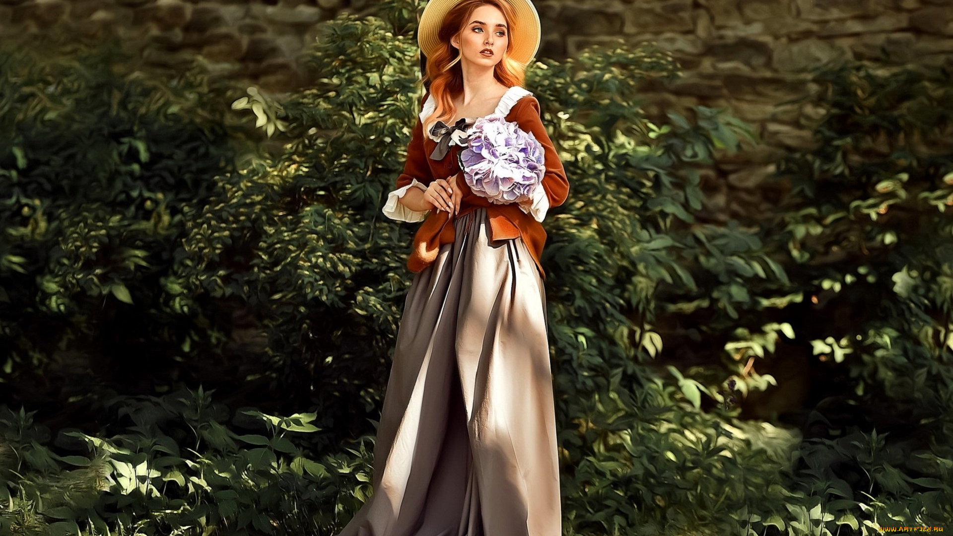 рисованное, люди, женщина, шляпа, букет, кусты