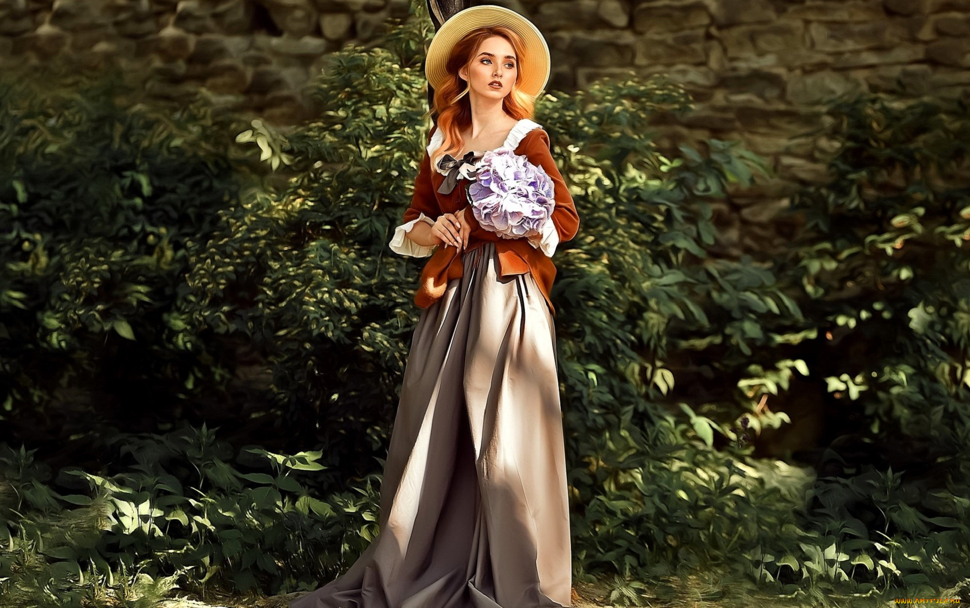 рисованное, люди, женщина, шляпа, букет, кусты