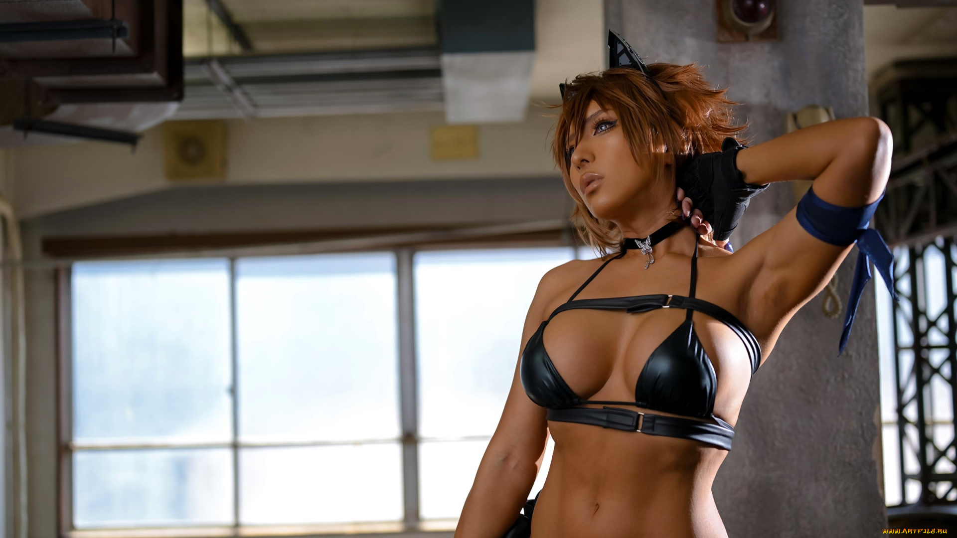 девушки, nonsummerjack, образ, косплей, ушки, белье, ремни, окно