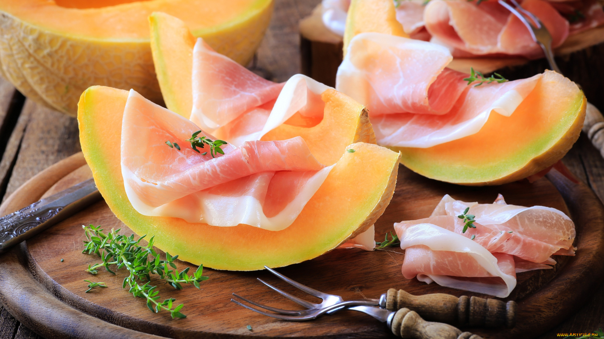 еда, дыня, розмарин, ломтики, ветчина, пармская