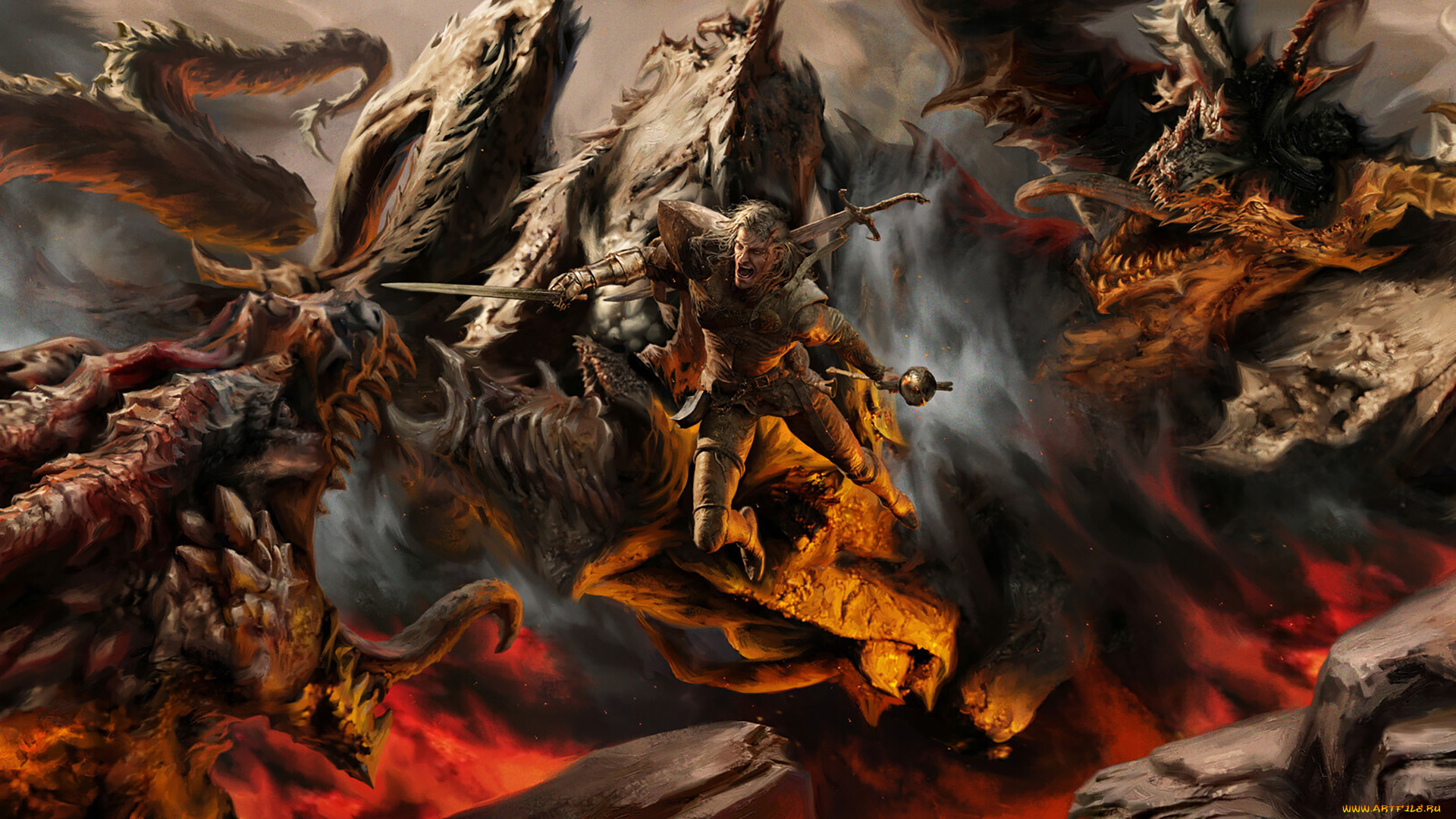 фэнтези, люди, воин, драконы