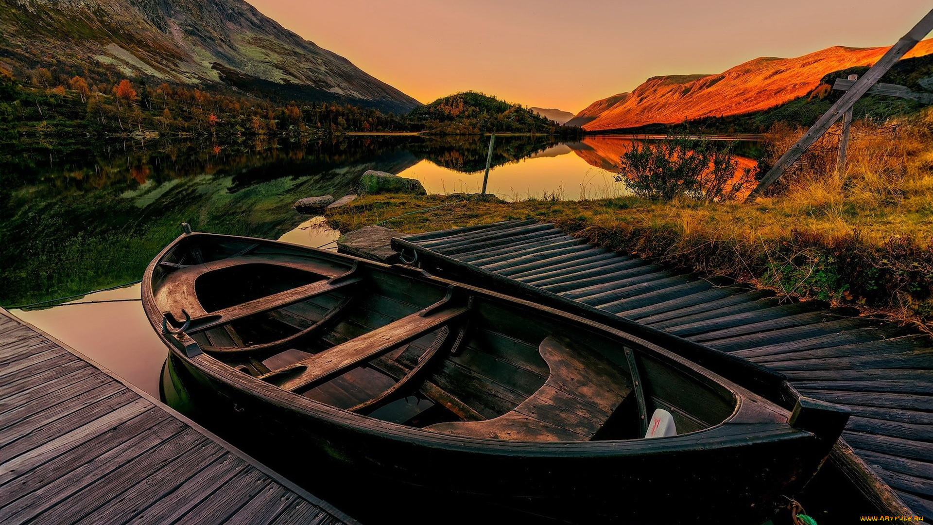 корабли, лодки, , шлюпки, озеро, горы, лодка, мостки, закат