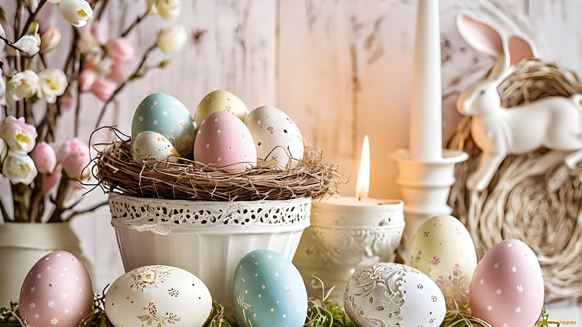 праздничные, пасха, цветы, свеча, яйца