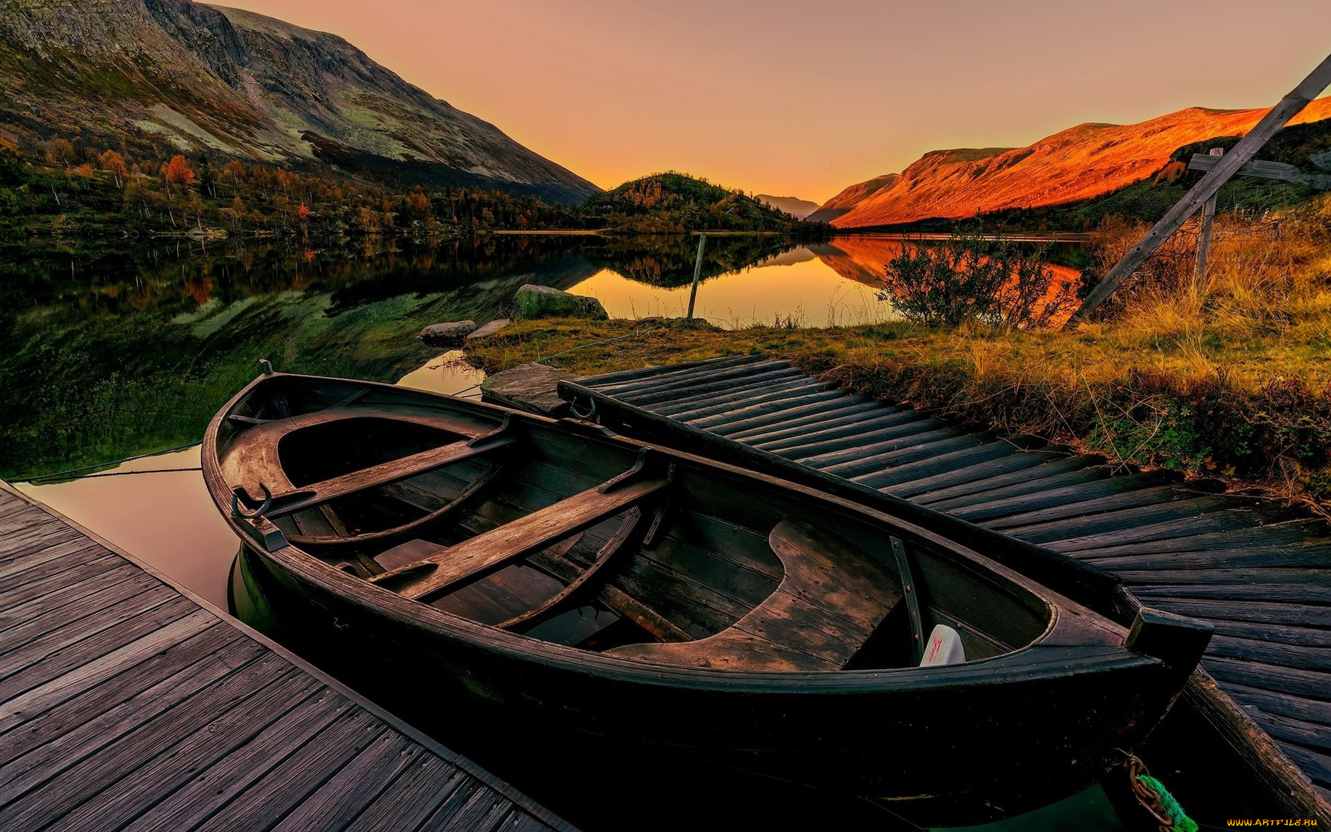 корабли, лодки, , шлюпки, озеро, горы, лодка, мостки, закат