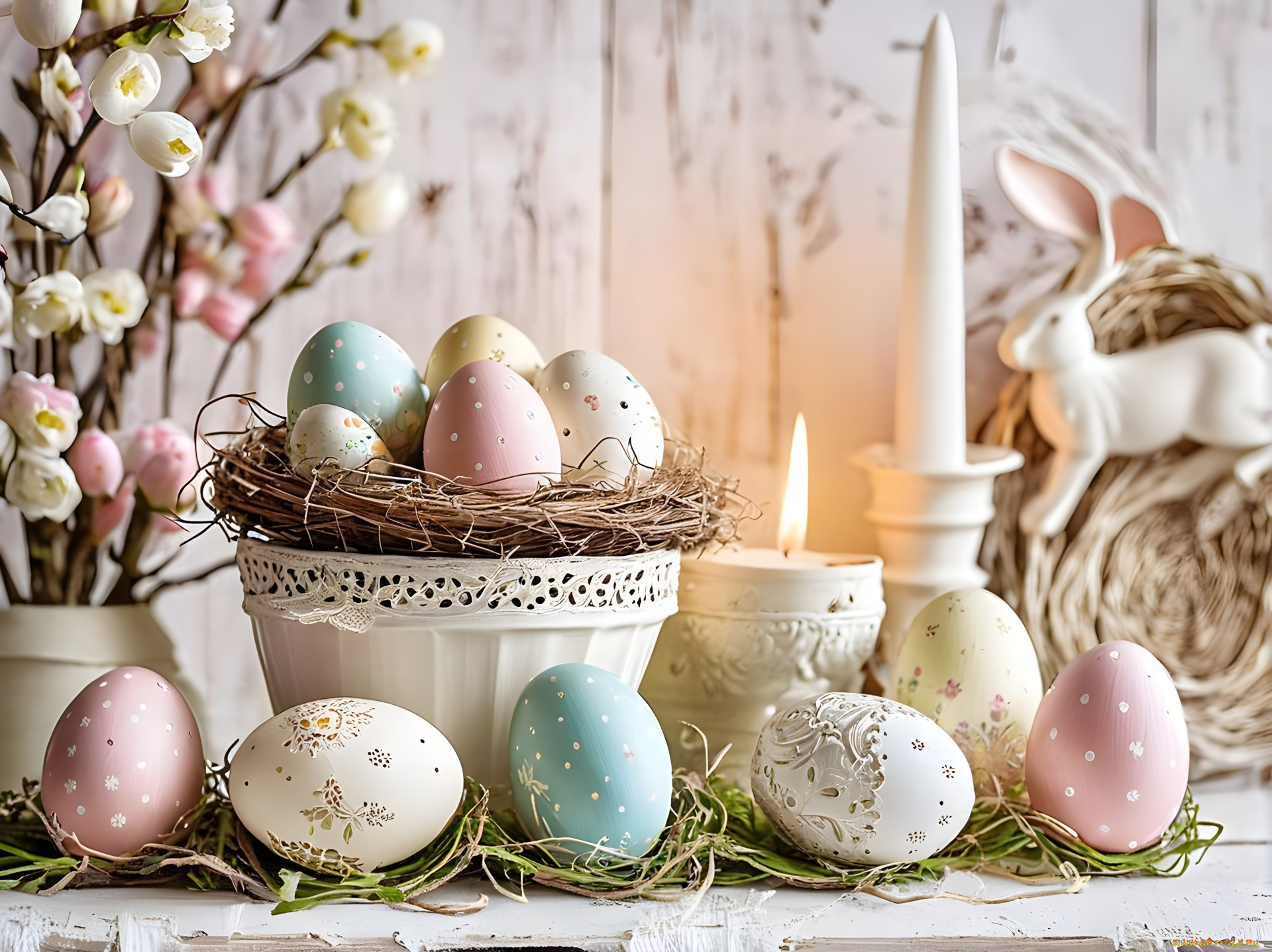 праздничные, пасха, цветы, свеча, яйца