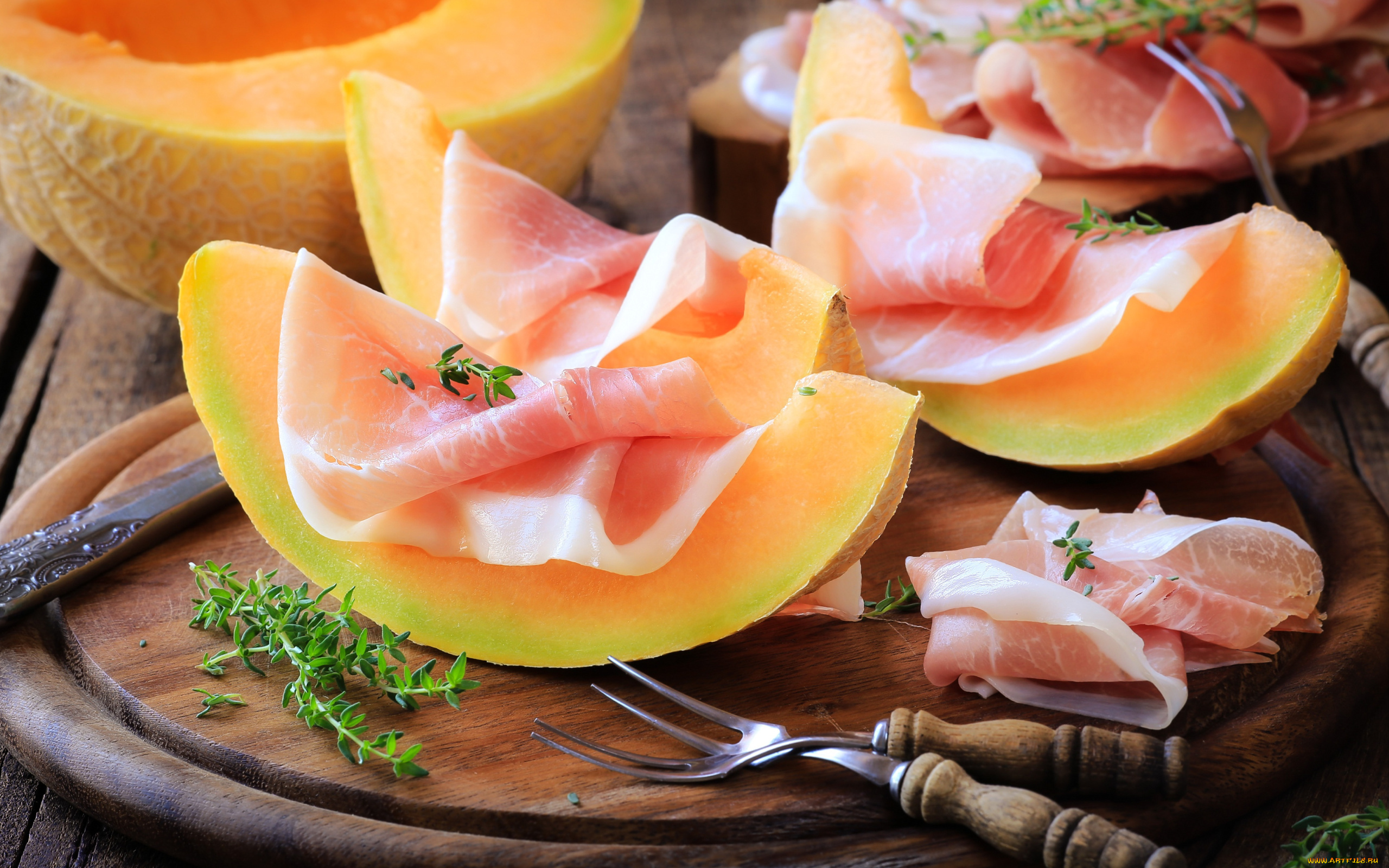 еда, дыня, розмарин, ломтики, ветчина, пармская
