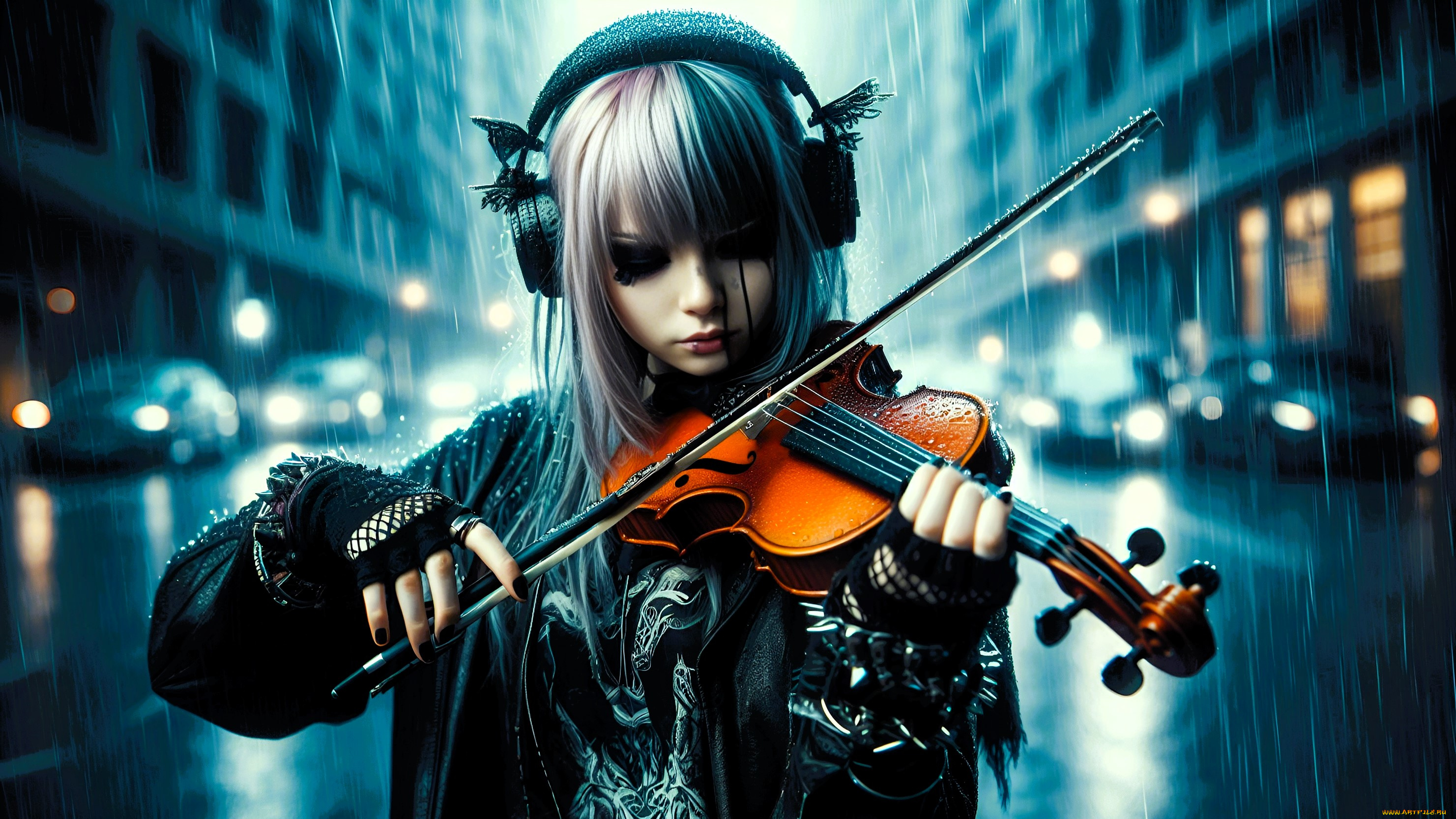 3д, графика, люди, , people, девушка, скрипачка, скрипка, музыка, наушники, дождь, город, улица