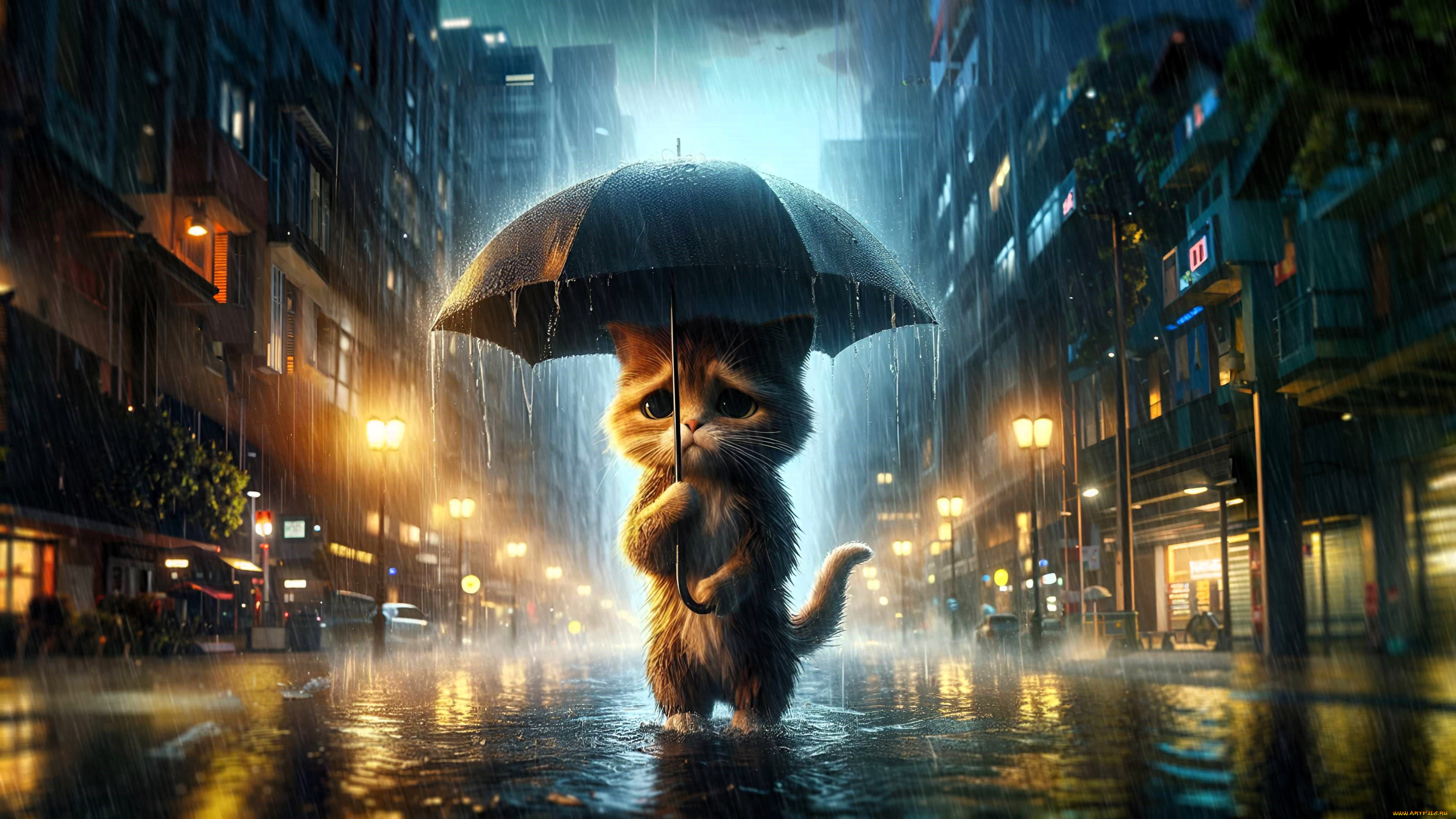 3д, графика, фантазия, , fantasy, кот, зонт, дождь, потоп, вода, город, улица