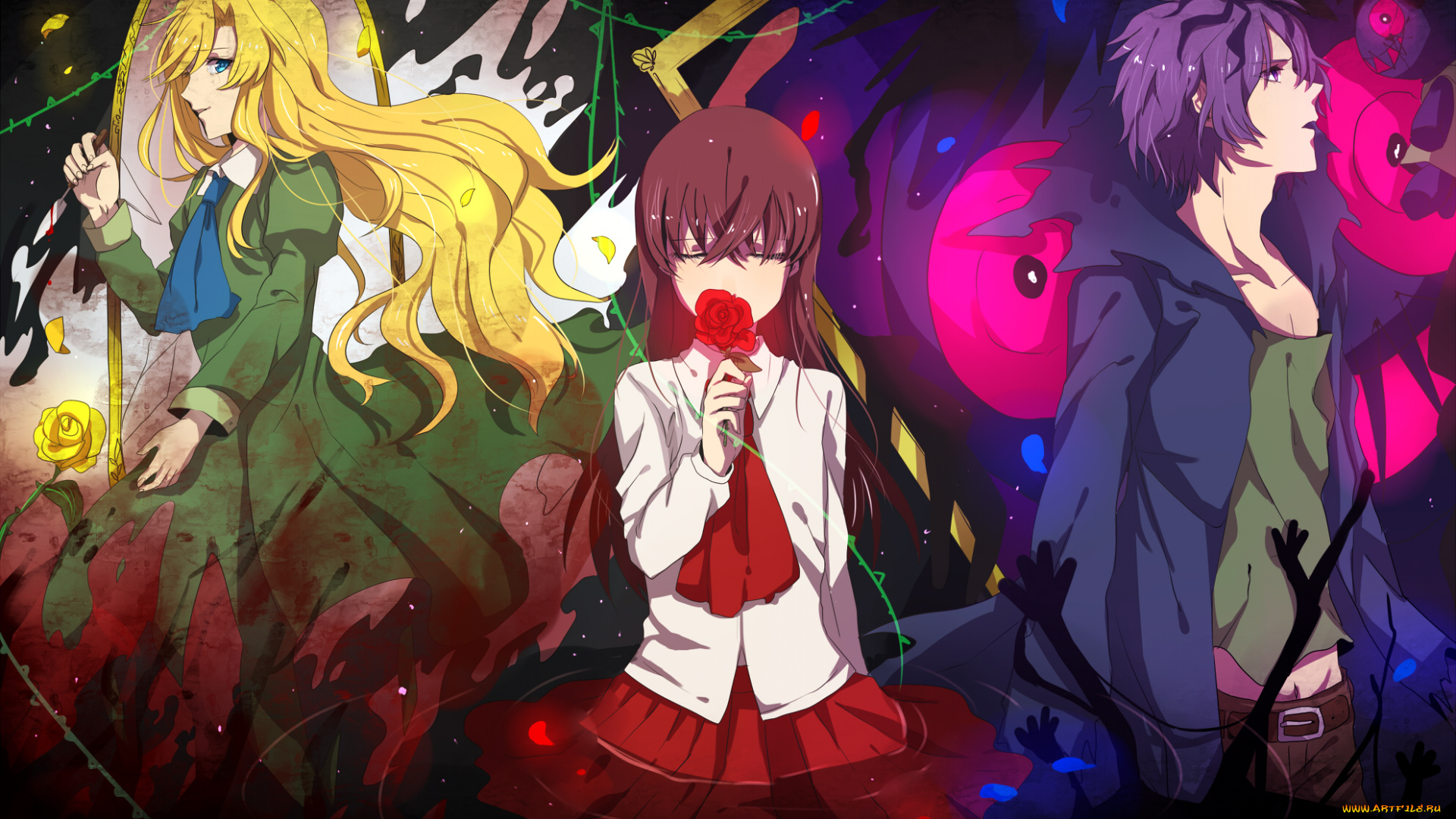 аниме, ib, девушки, парень, цветок