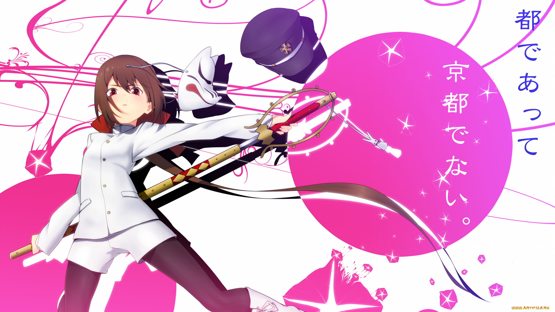 аниме, weapon, blood, technology, маска, девушка, меч