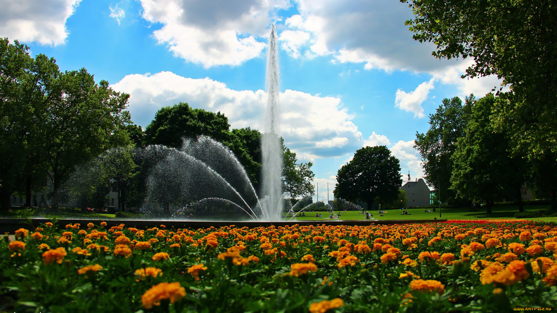 автор, thean, города, фонтаны, фонтан, лужайка, цветы