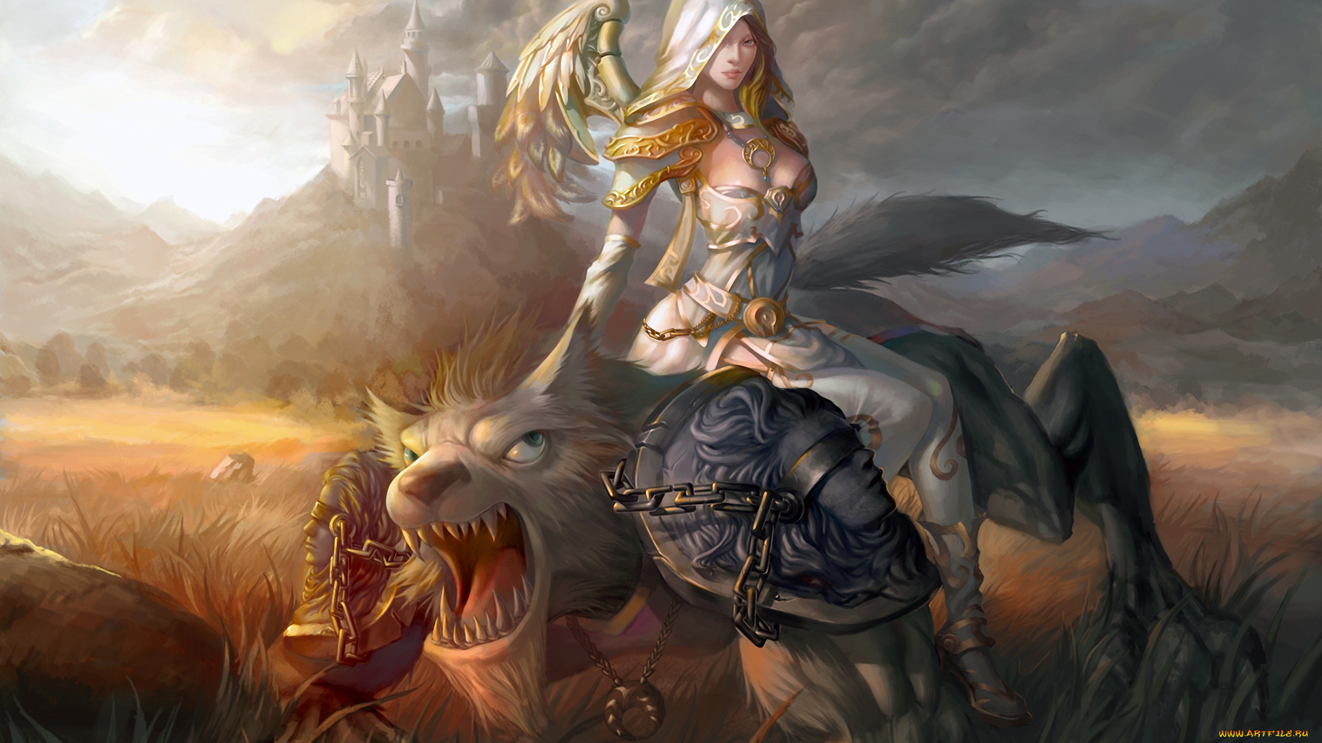 фэнтези, красавицы, чудовища, девушка, ангел, волк, оборотень, замок