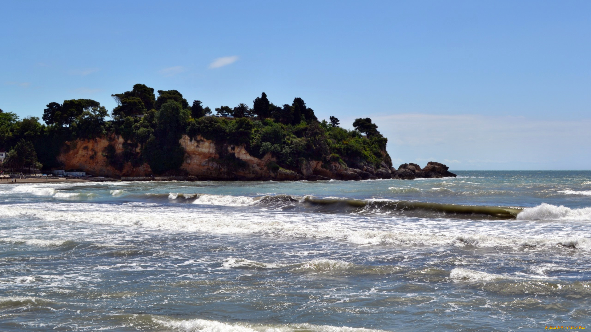 Черногория, адриатика, природа, побережье, море, волны, мыс, деревья