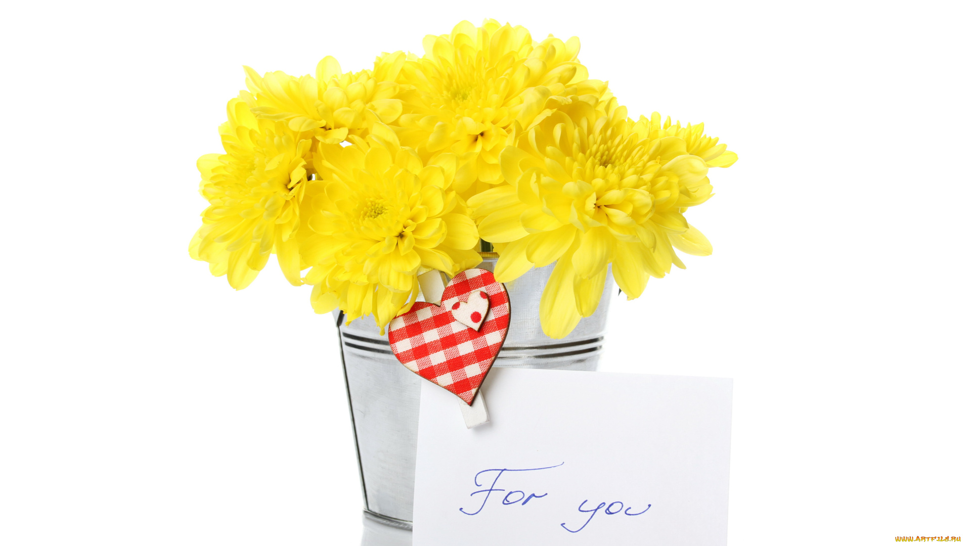 цветы, хризантемы, желтый, сердечко, записка