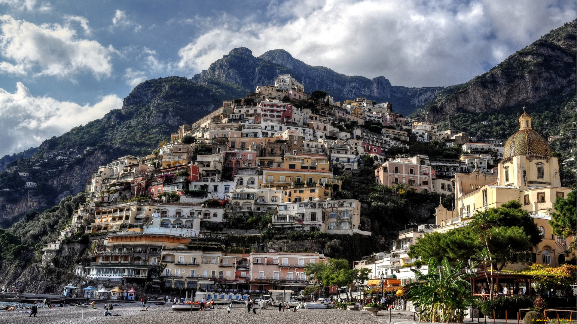 позитано, города, амальфийское, лигурийское, побережье, италия, берег, горы, дома