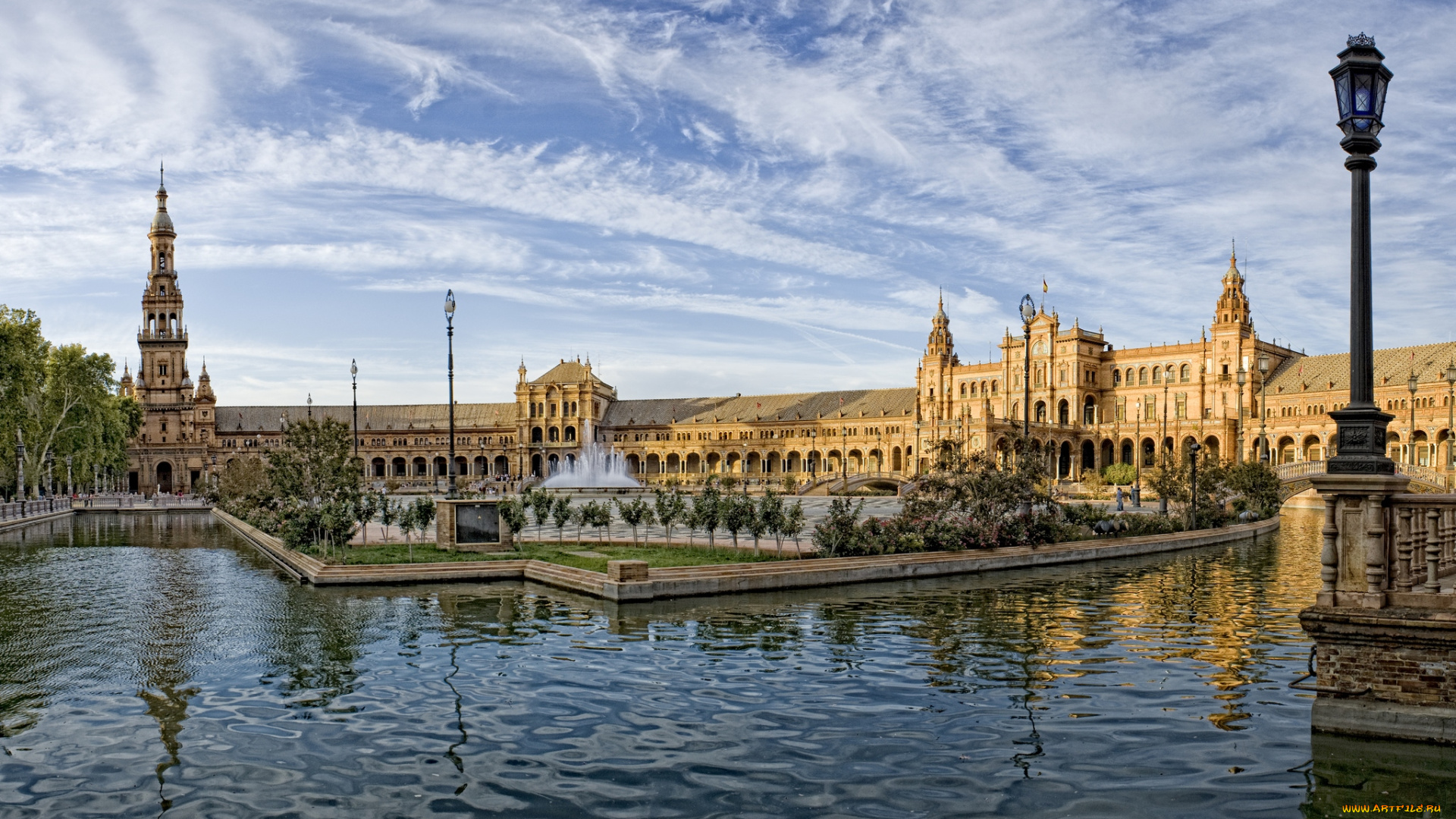 севилья, испания, города, вода, фонари, дворец