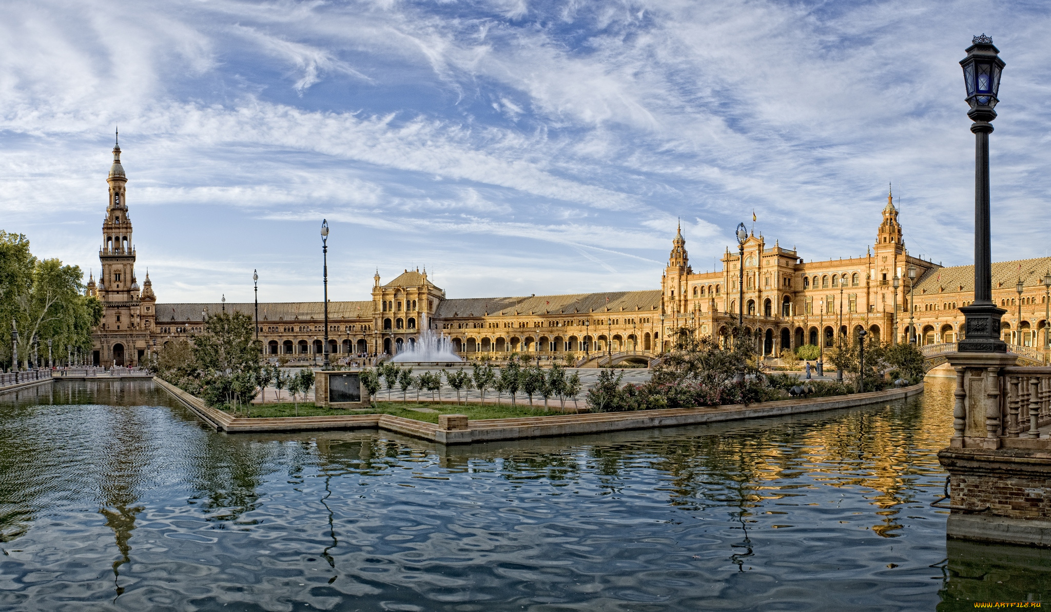 севилья, испания, города, вода, фонари, дворец