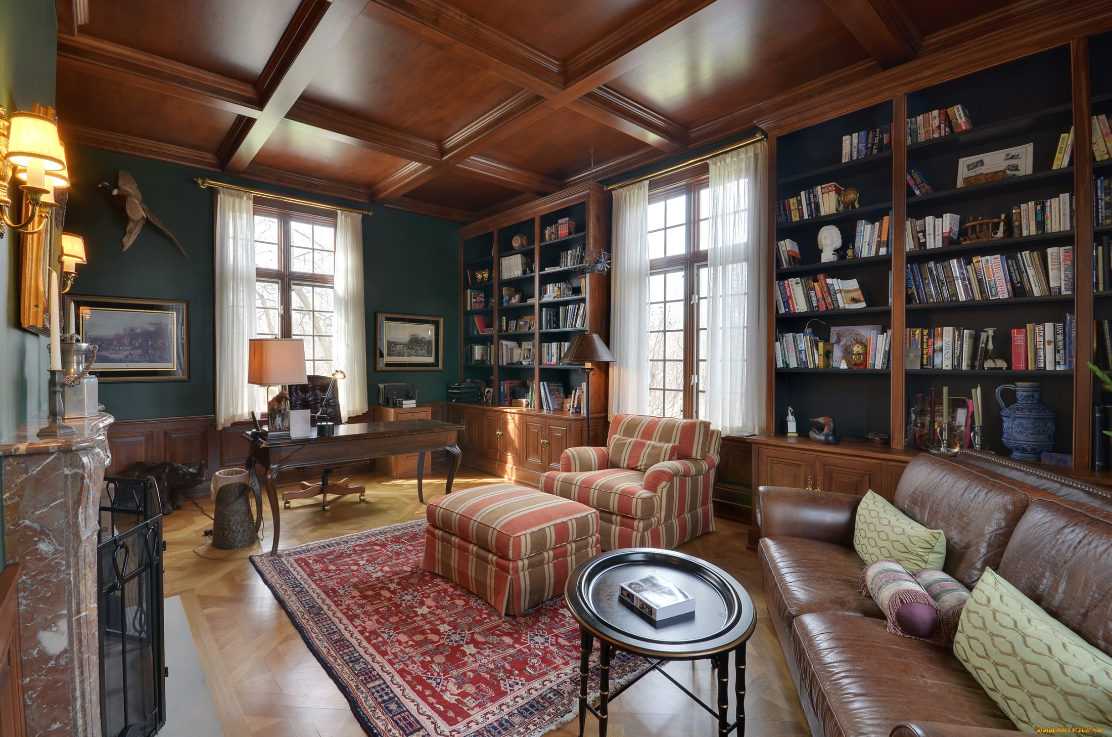 интерьер, кабинет, библиотека, офис, стол, книги, диван, кресло, пуф