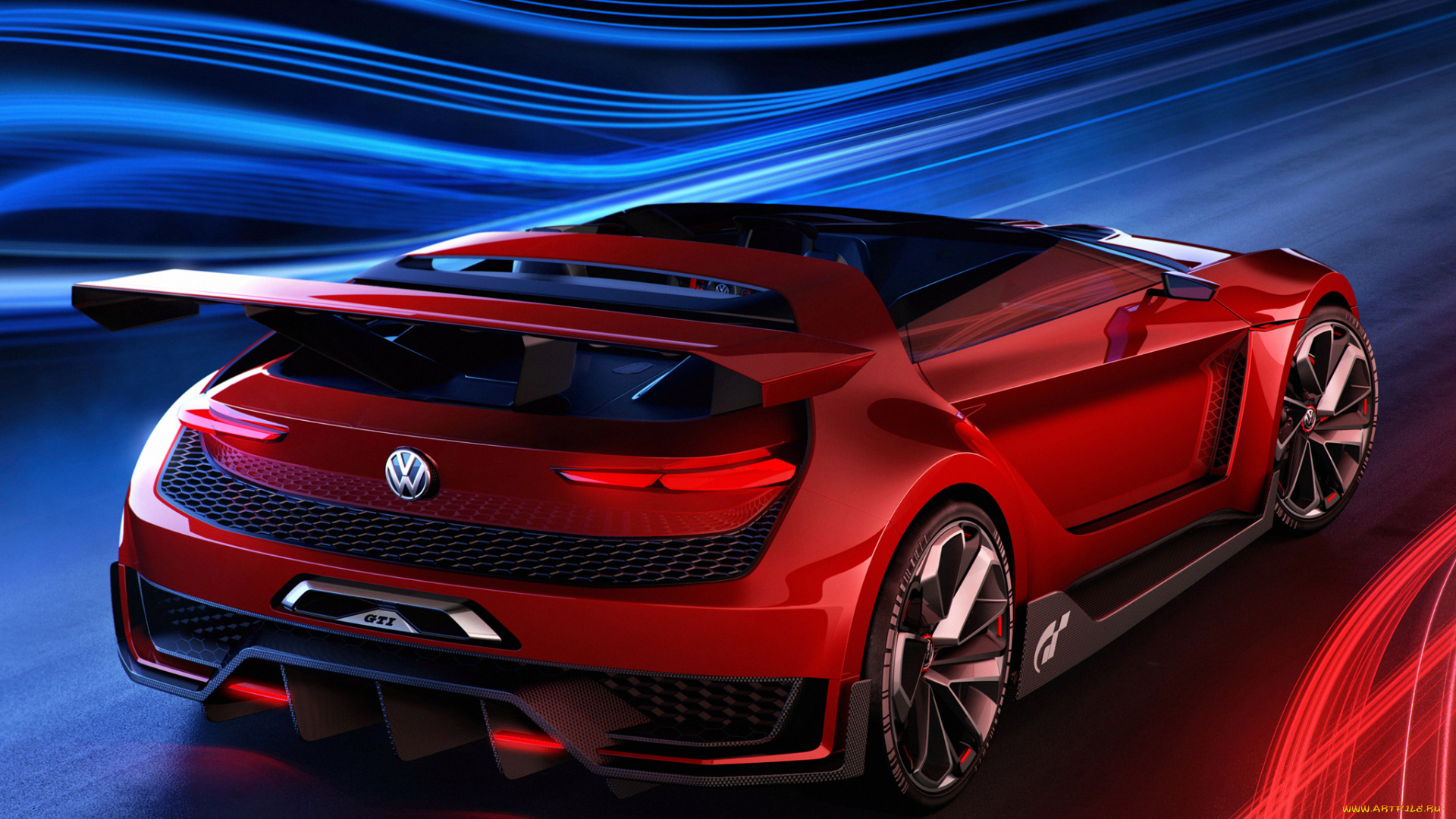 автомобили, 3д, volkswagen, gti, roadster, vision, gran, turismo, 2014, красный
