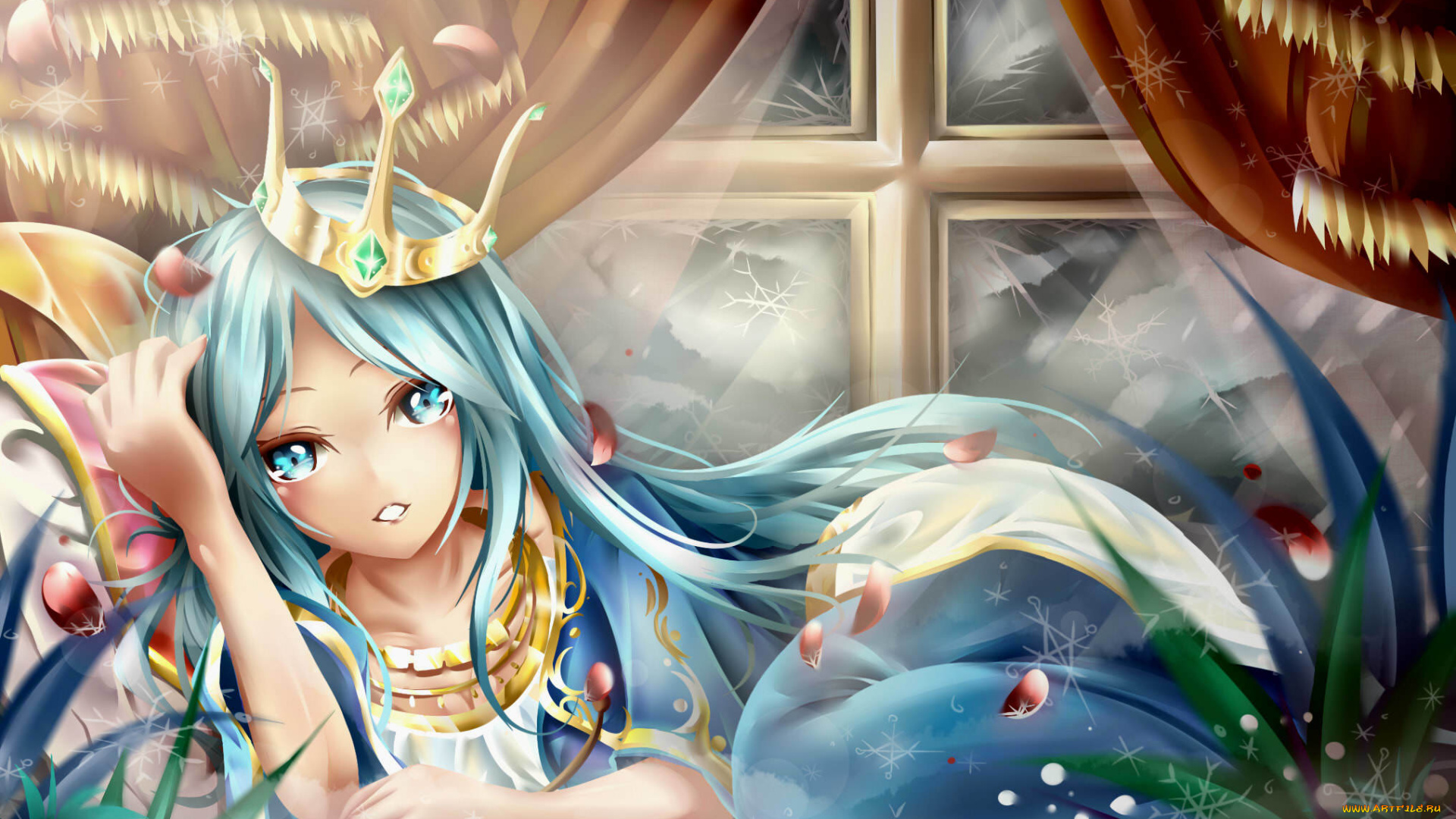 фэнтези, девушки, голубые, волосы, игра, арт, окно, девушка