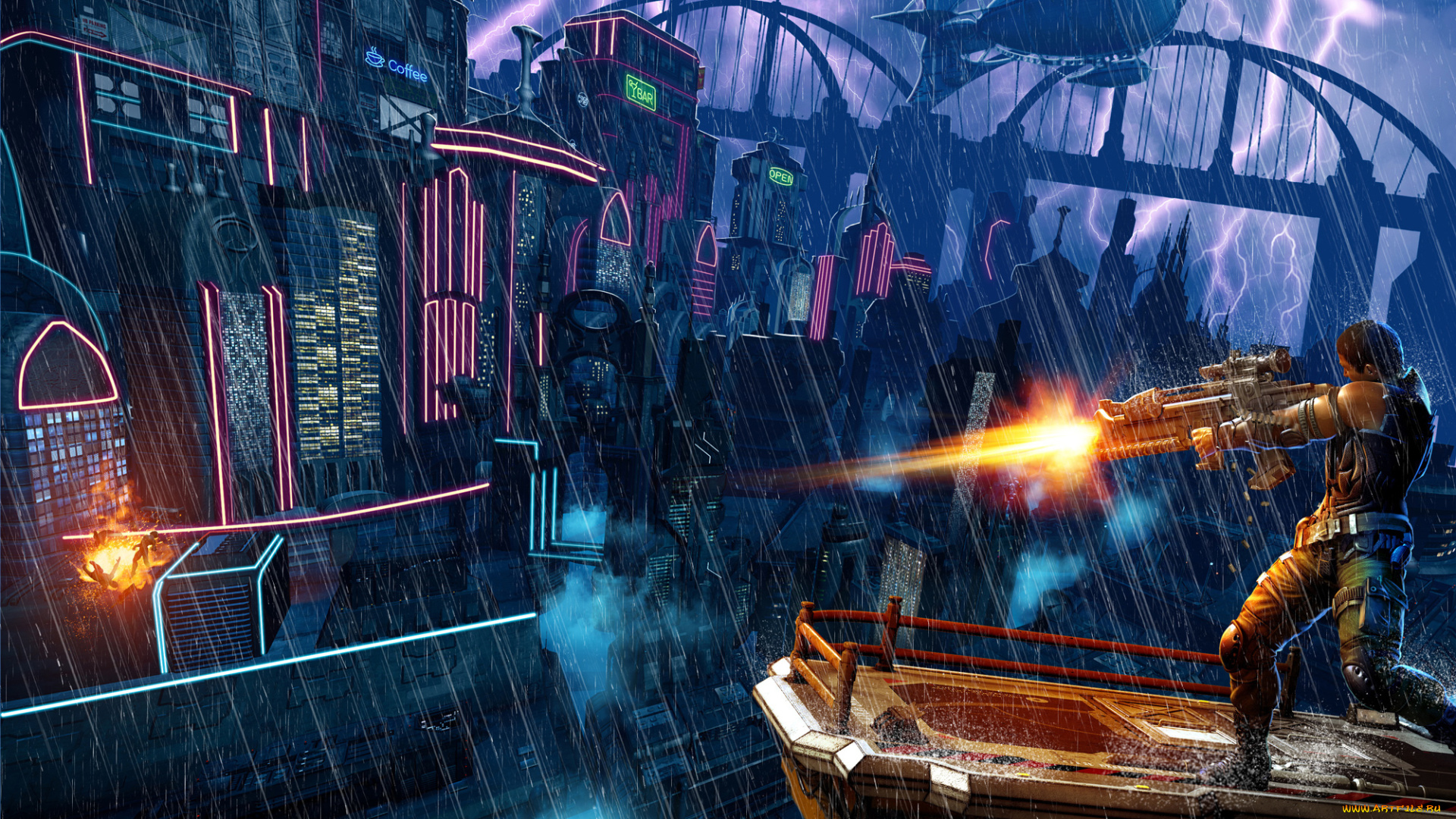 фэнтези, люди, будущее, город, дождь, воин, оружие, дирижабль