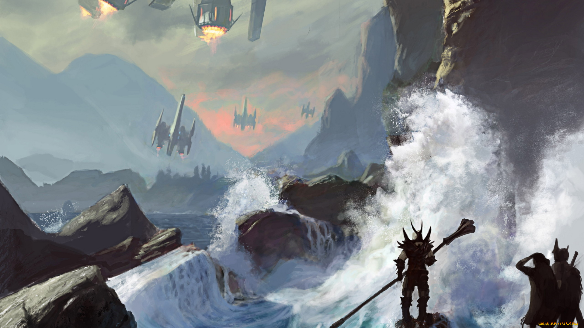 фэнтези, люди, корабли, космические, берег, море