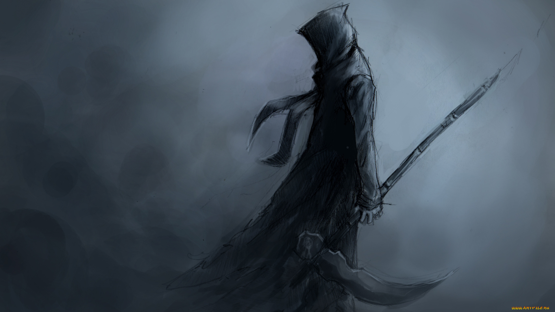 фэнтези, нежить, человек, плащ, коса, капюшон