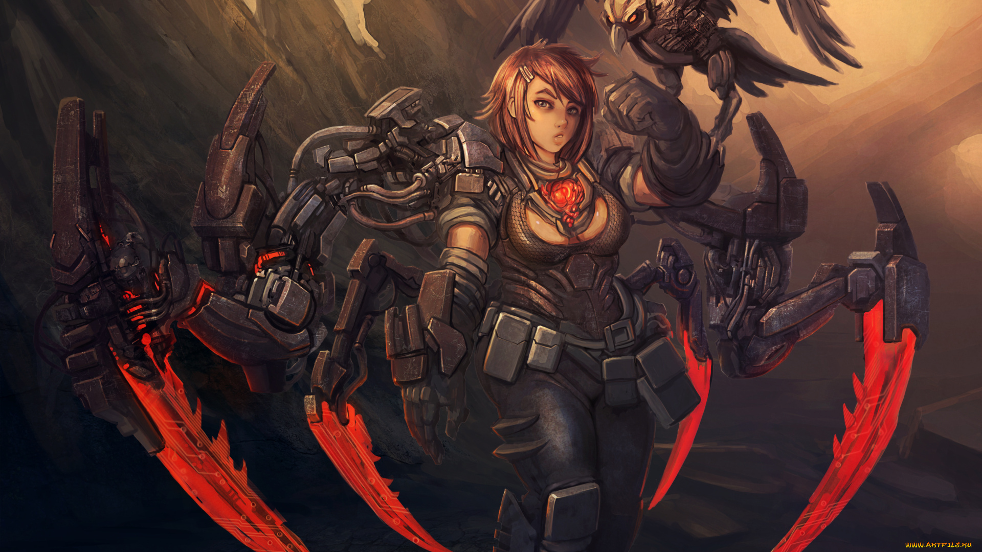 фэнтези, роботы, , киборги, , механизмы, киборг, девушка, птица, ворон, скалы