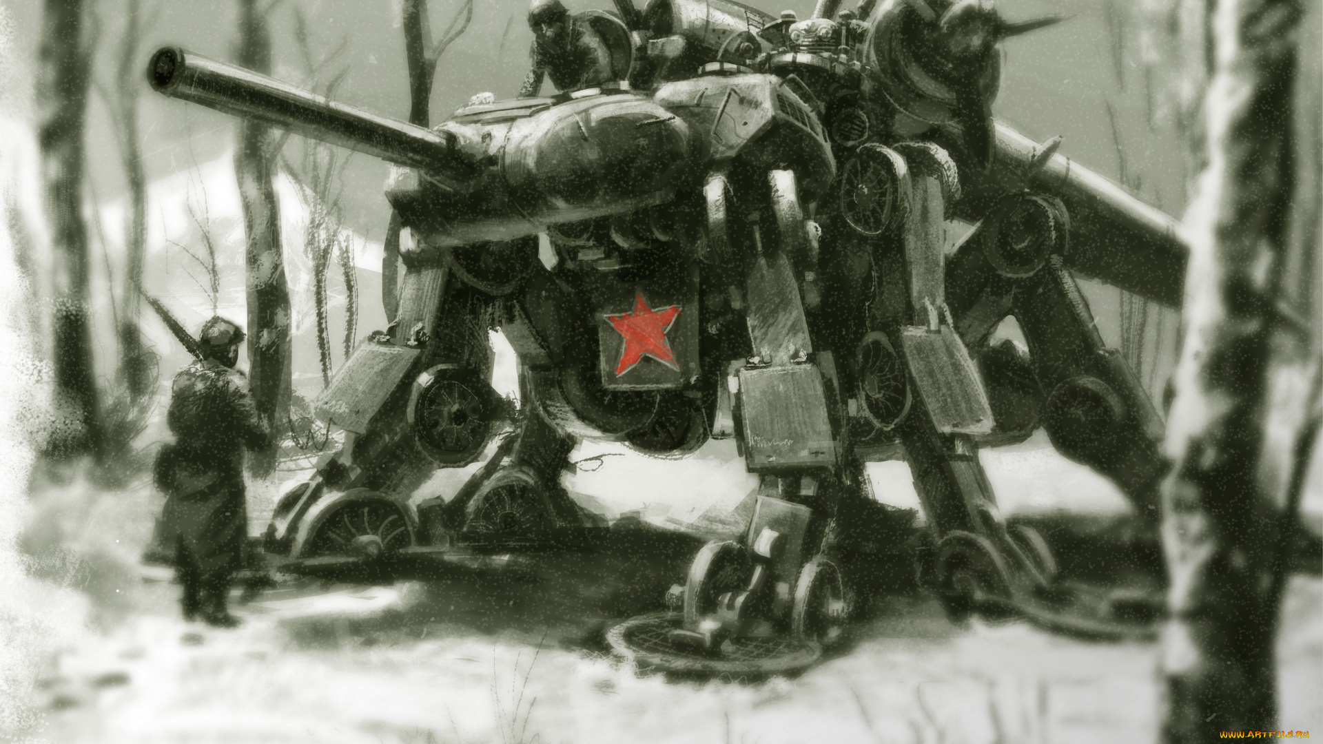 фэнтези, роботы, , киборги, , механизмы, зима, робот, лес, механизм, башня, солдаты, шагаючий