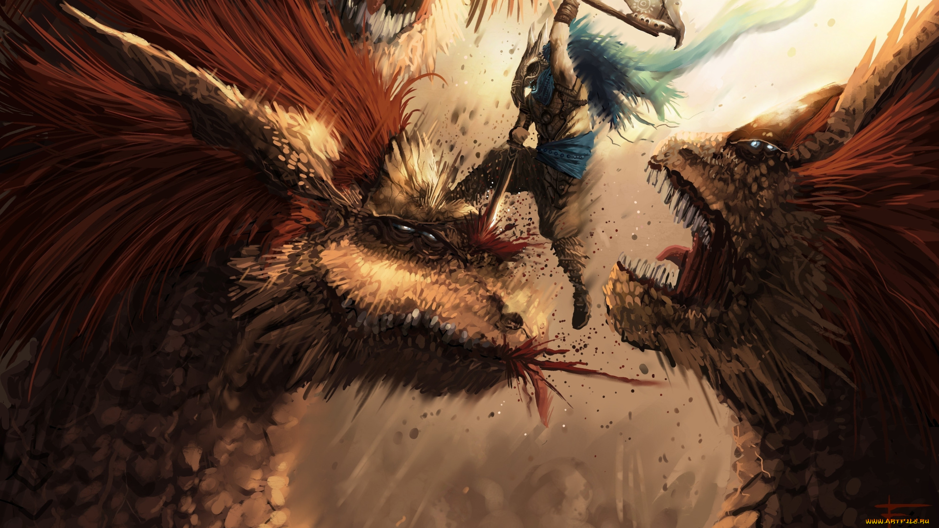 фэнтези, существа, сражение, меч, воин, монстры