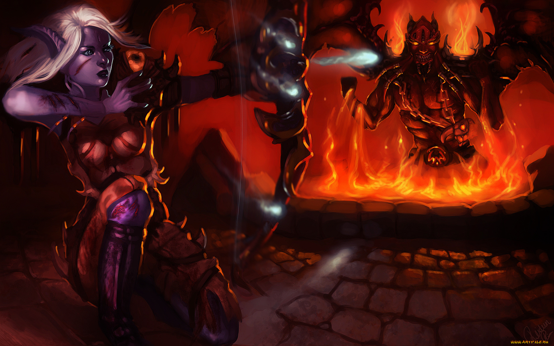 фэнтези, демоны, колдунья, девушка, демон, лук, магия