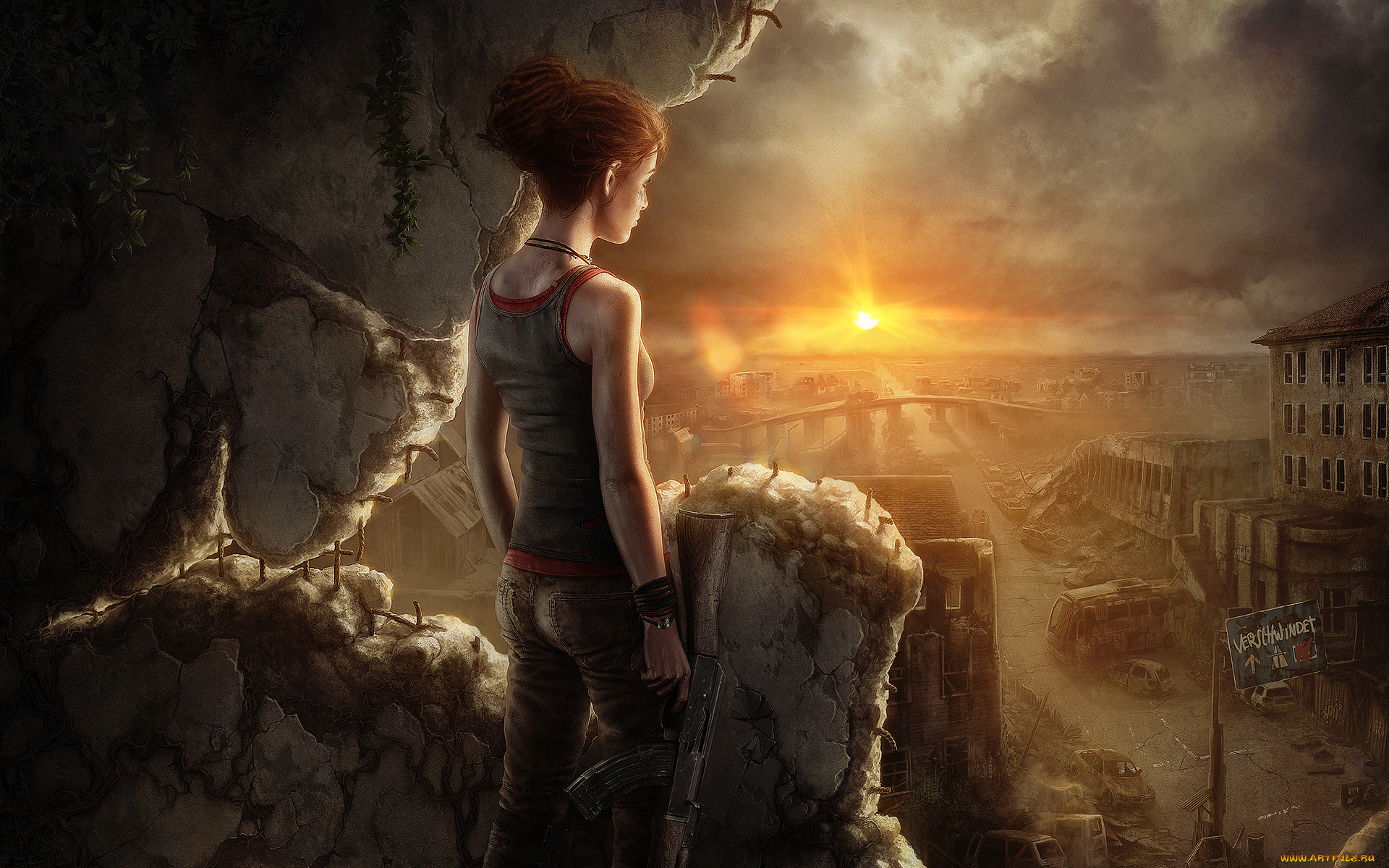 фэнтези, девушки, девушка, постапокалипсис, воин, солдат, руины, автомат, закат, солнце